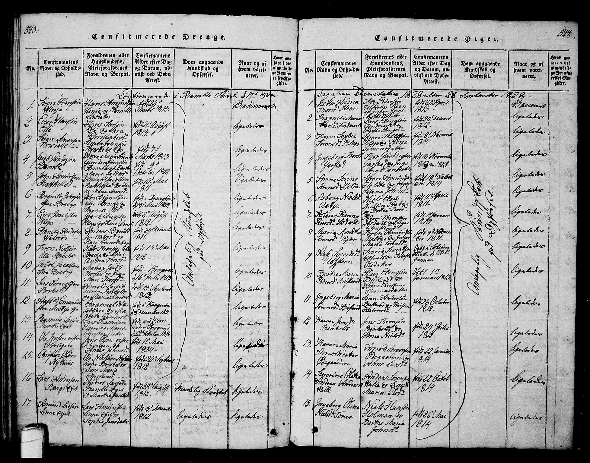 Bamble kirkebøker, AV/SAKO-A-253/G/Ga/L0005: Parish register (copy) no. I 5, 1814-1855, p. 523-524