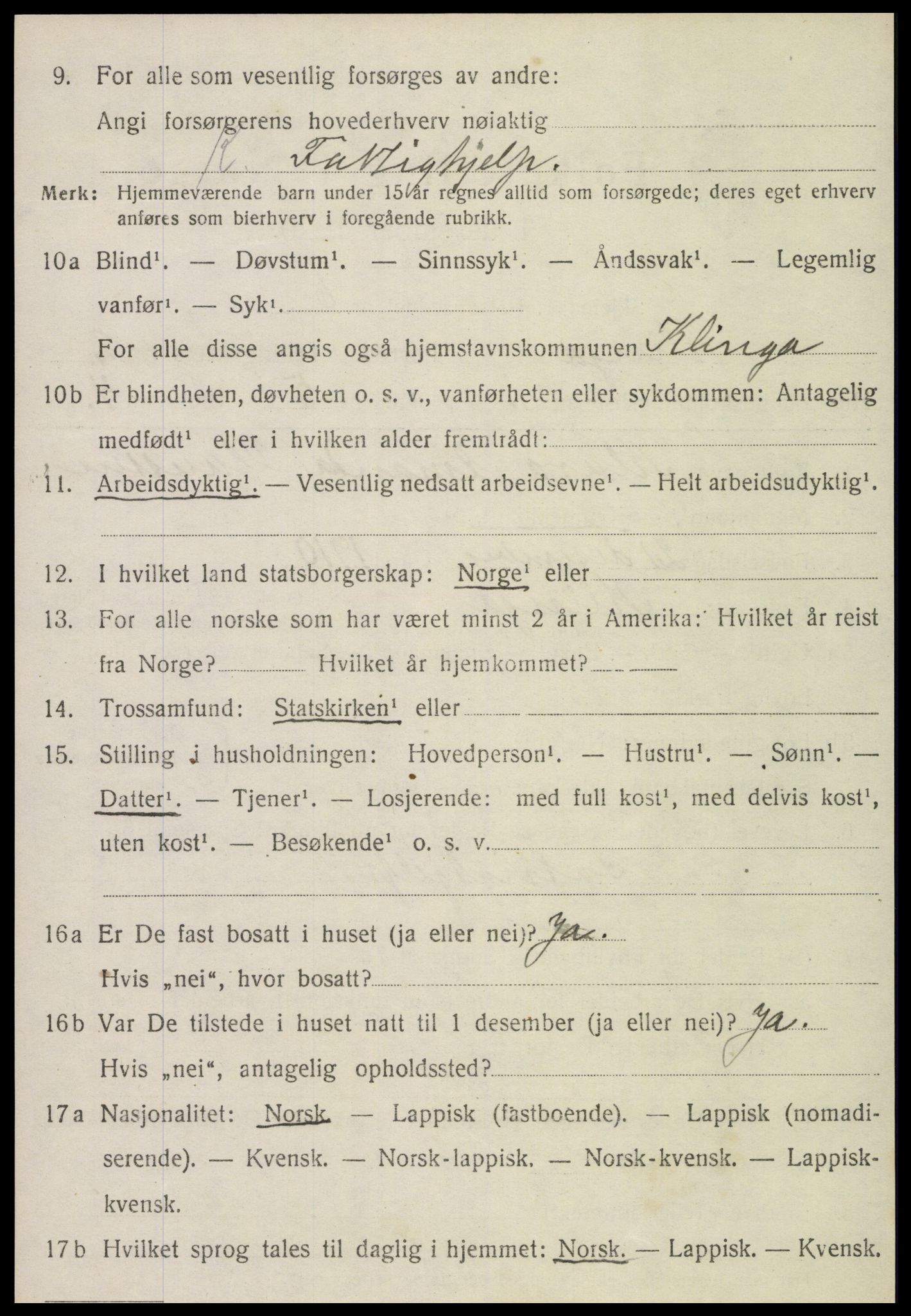 SAT, 1920 census for Klinga, 1920, p. 1430