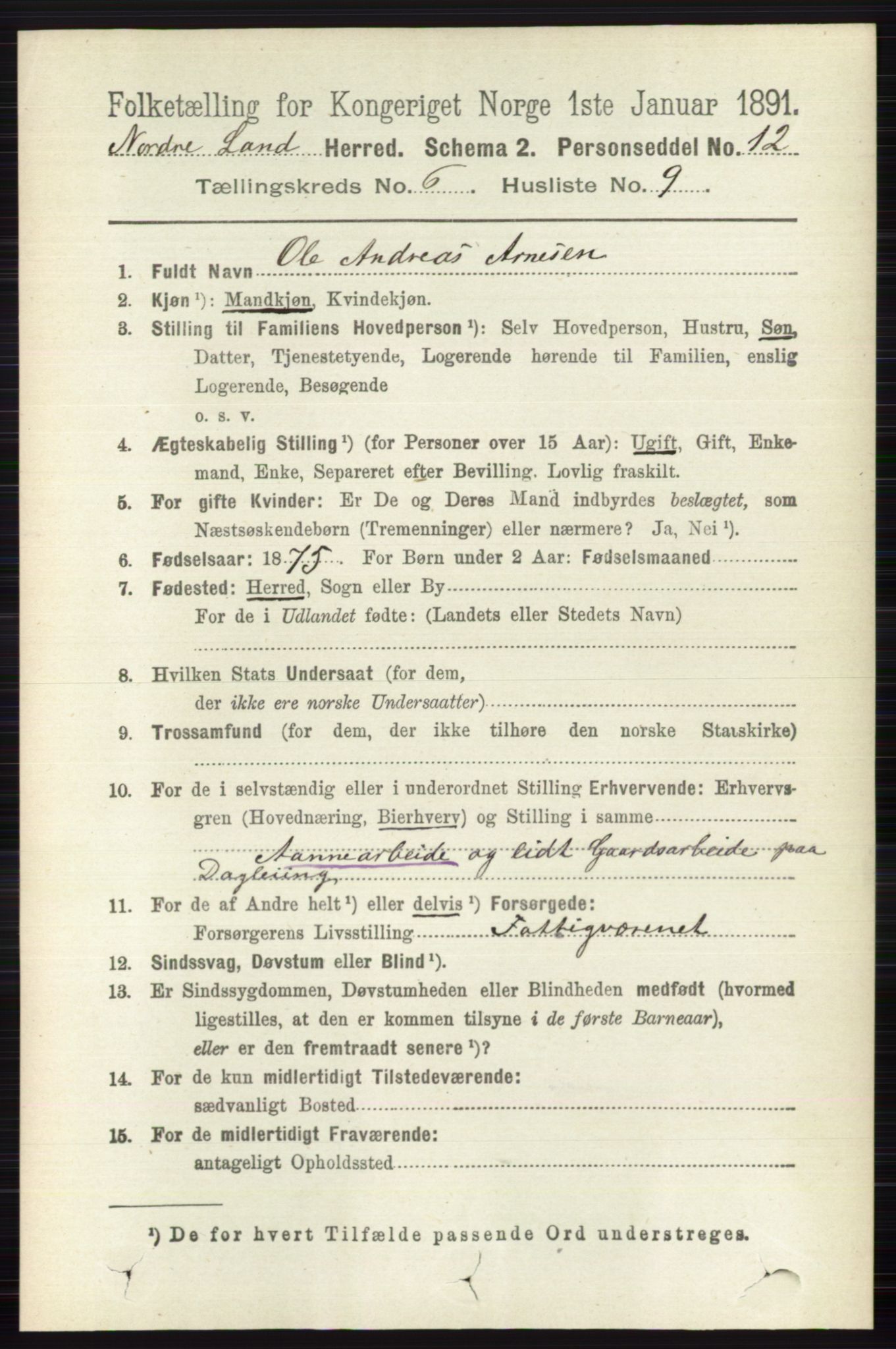 RA, 1891 census for 0538 Nordre Land, 1891, p. 1864