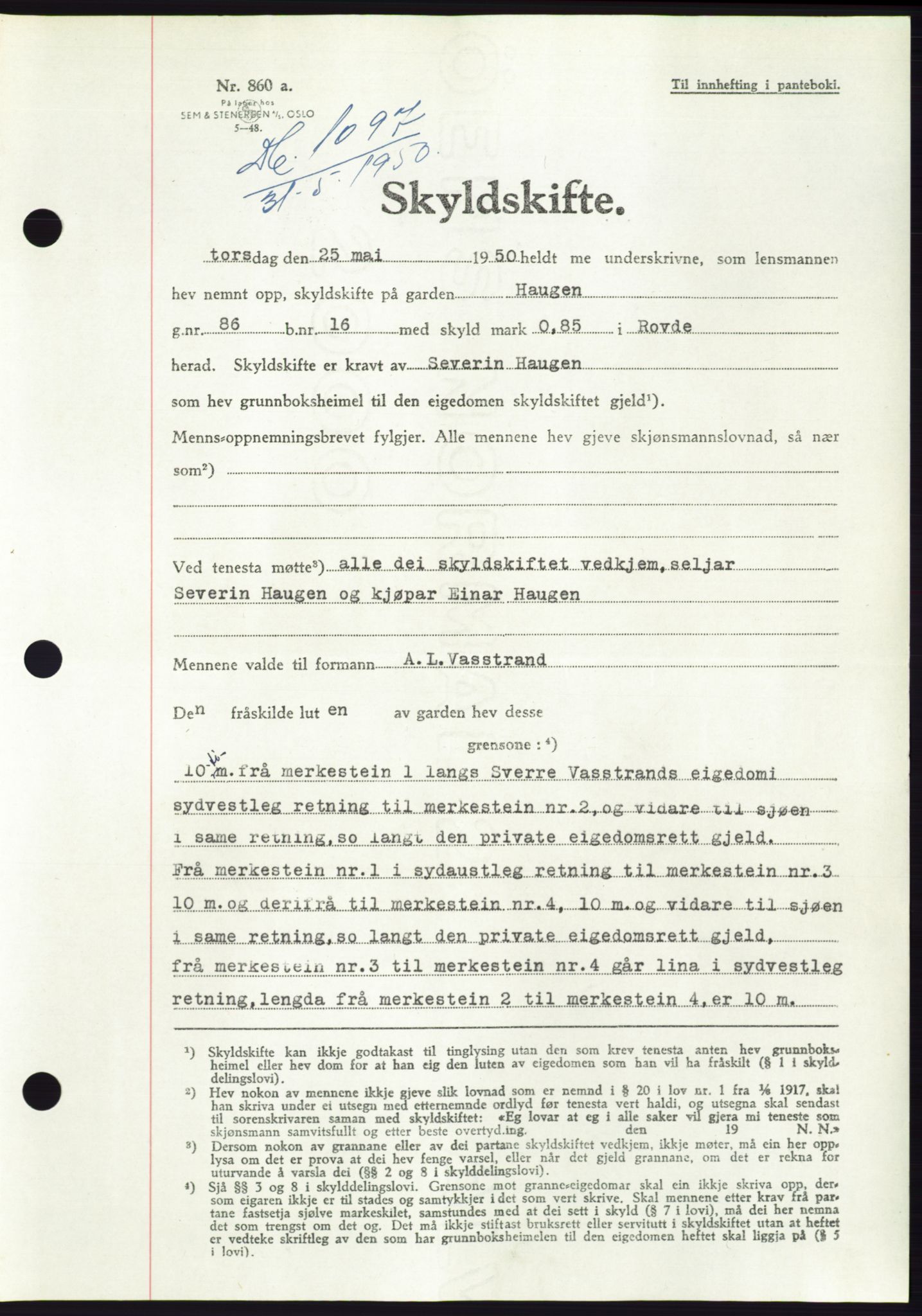 Søre Sunnmøre sorenskriveri, AV/SAT-A-4122/1/2/2C/L0087: Mortgage book no. 13A, 1950-1950, Diary no: : 1097/1950