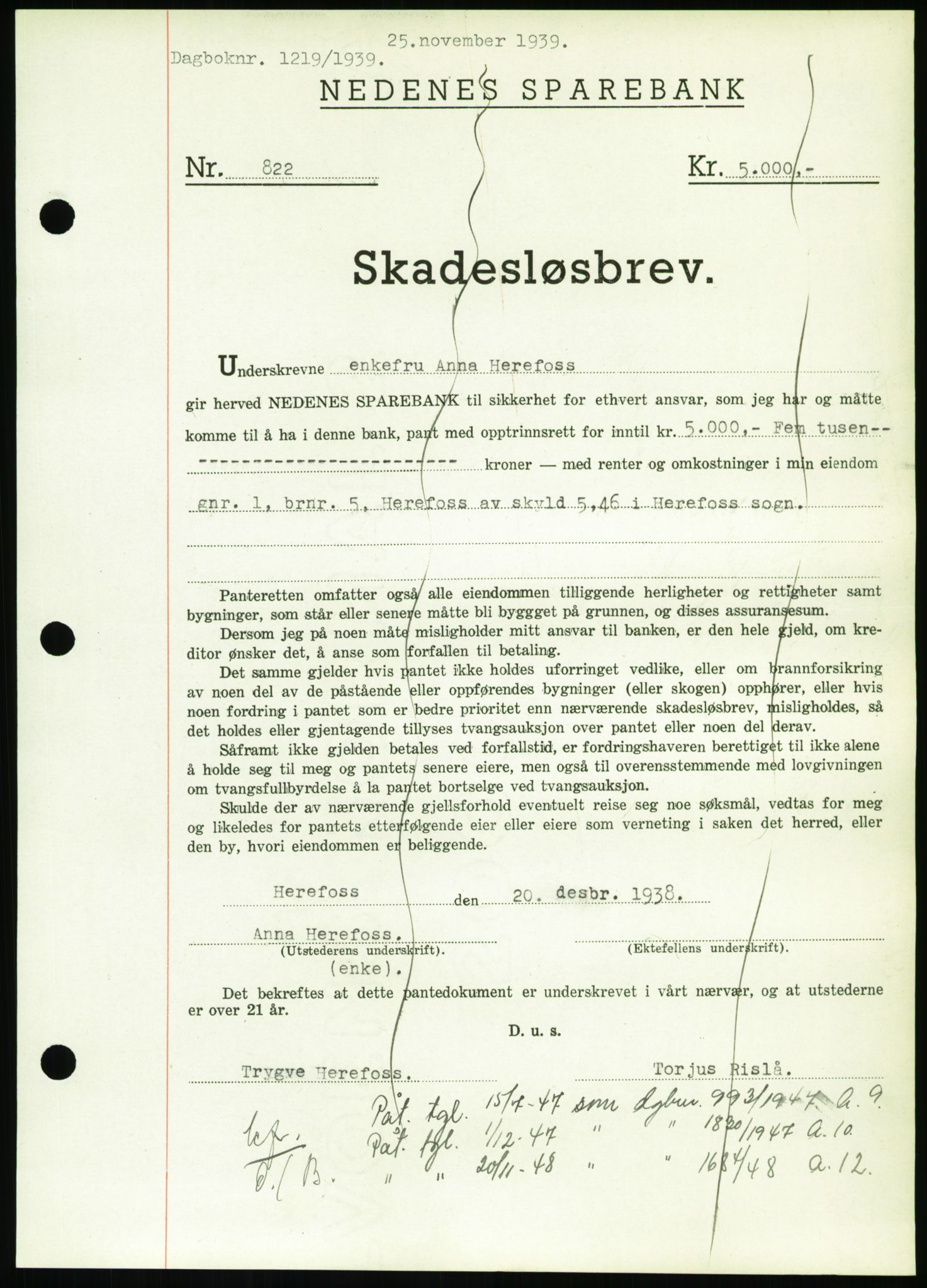 Nedenes sorenskriveri, AV/SAK-1221-0006/G/Gb/Gbb/L0001: Mortgage book no. I, 1939-1942, Diary no: : 1219/1939