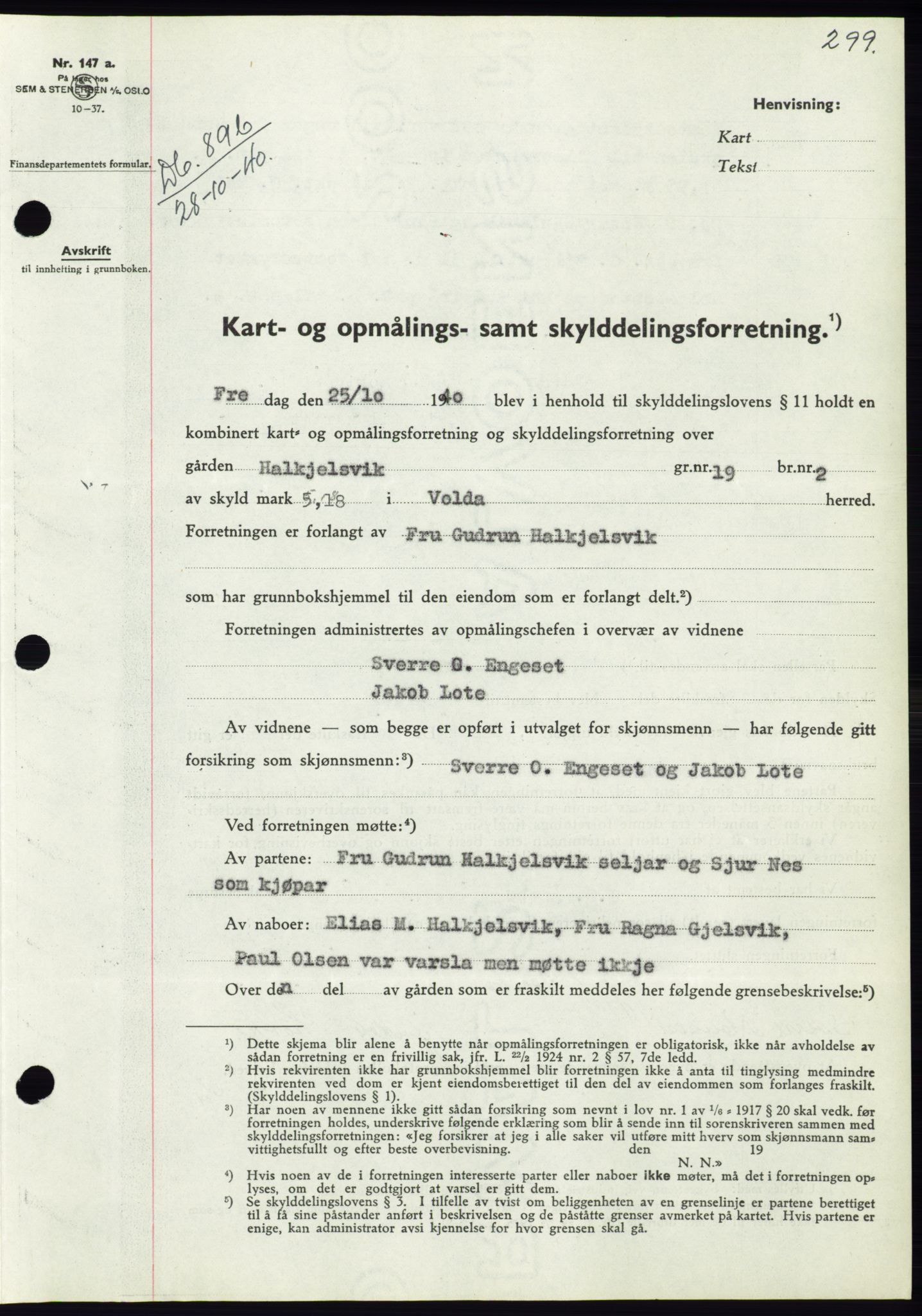 Søre Sunnmøre sorenskriveri, AV/SAT-A-4122/1/2/2C/L0070: Mortgage book no. 64, 1940-1941, Diary no: : 896/1940