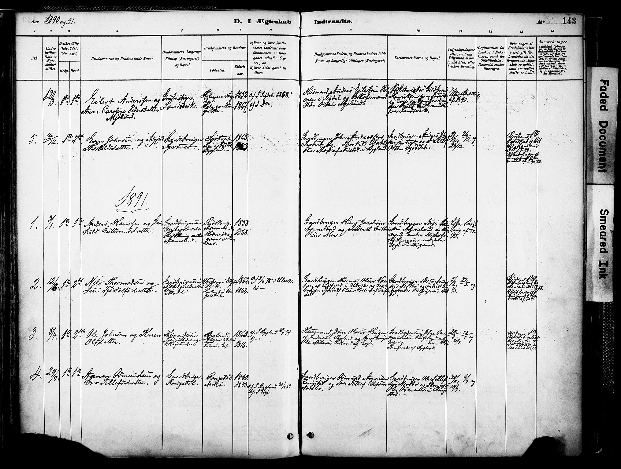 Evje sokneprestkontor, AV/SAK-1111-0008/F/Fa/Faa/L0007: Parish register (official) no. A 7, 1884-1909, p. 143