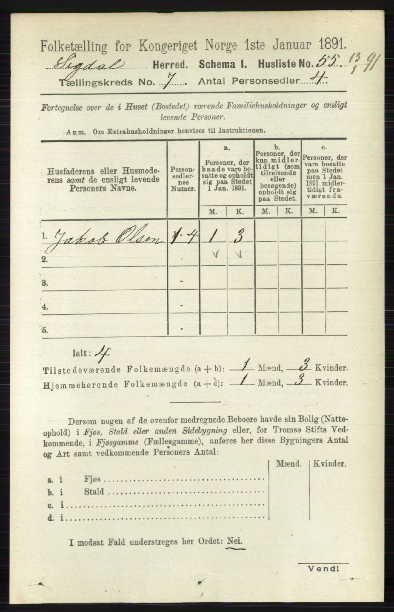 RA, 1891 census for 0621 Sigdal, 1891, p. 2704