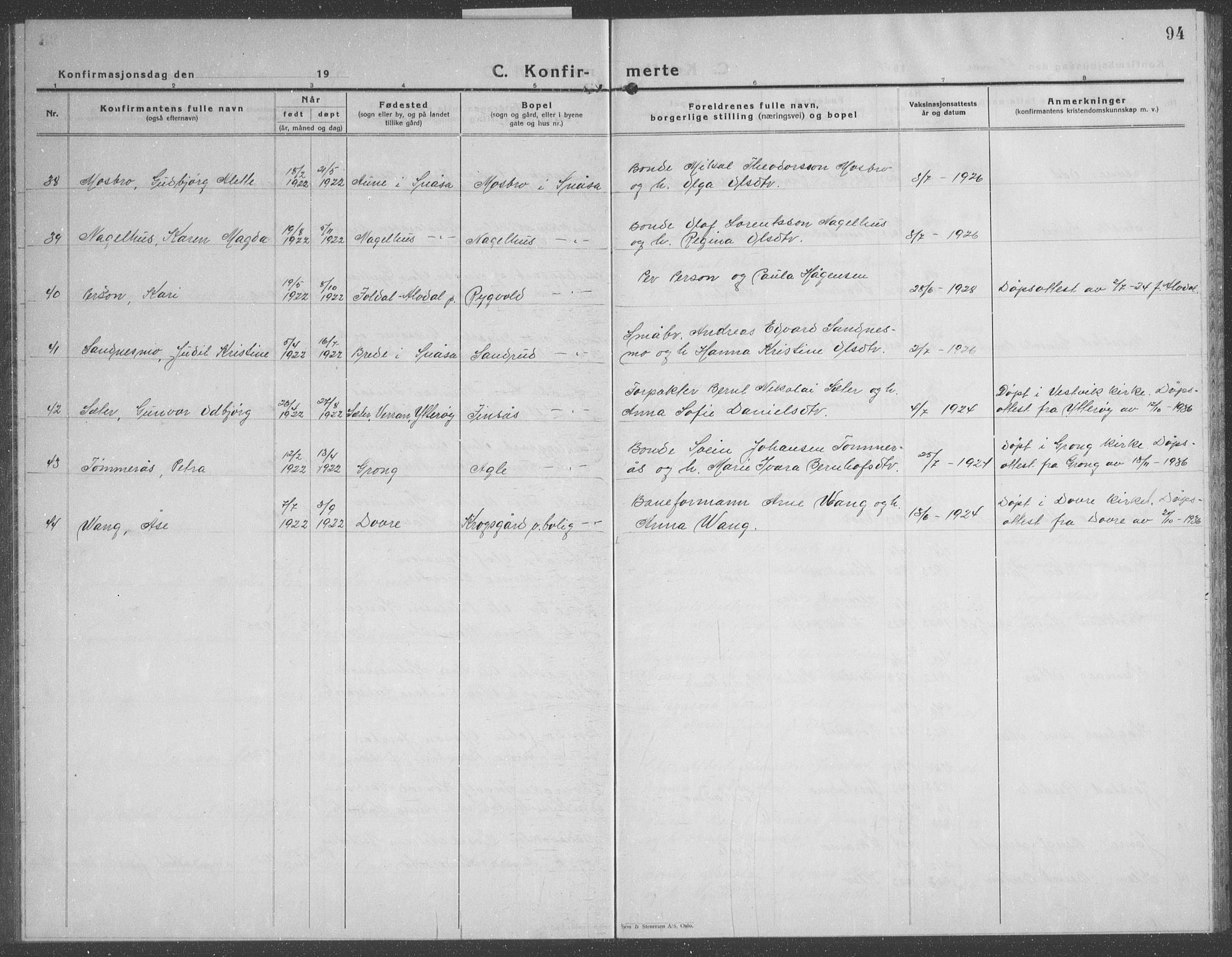 Ministerialprotokoller, klokkerbøker og fødselsregistre - Nord-Trøndelag, AV/SAT-A-1458/749/L0481: Parish register (copy) no. 749C03, 1933-1945, p. 94