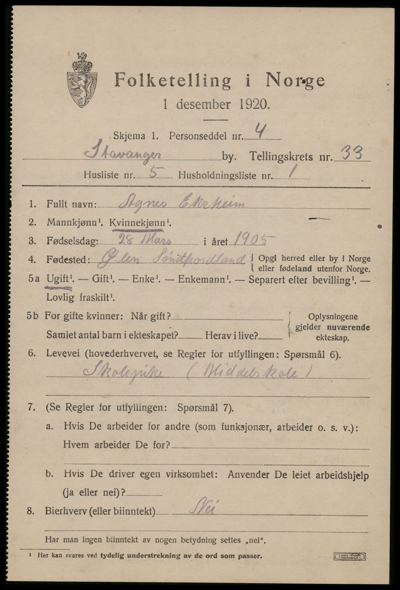 SAST, 1920 census for Stavanger, 1920, p. 90764