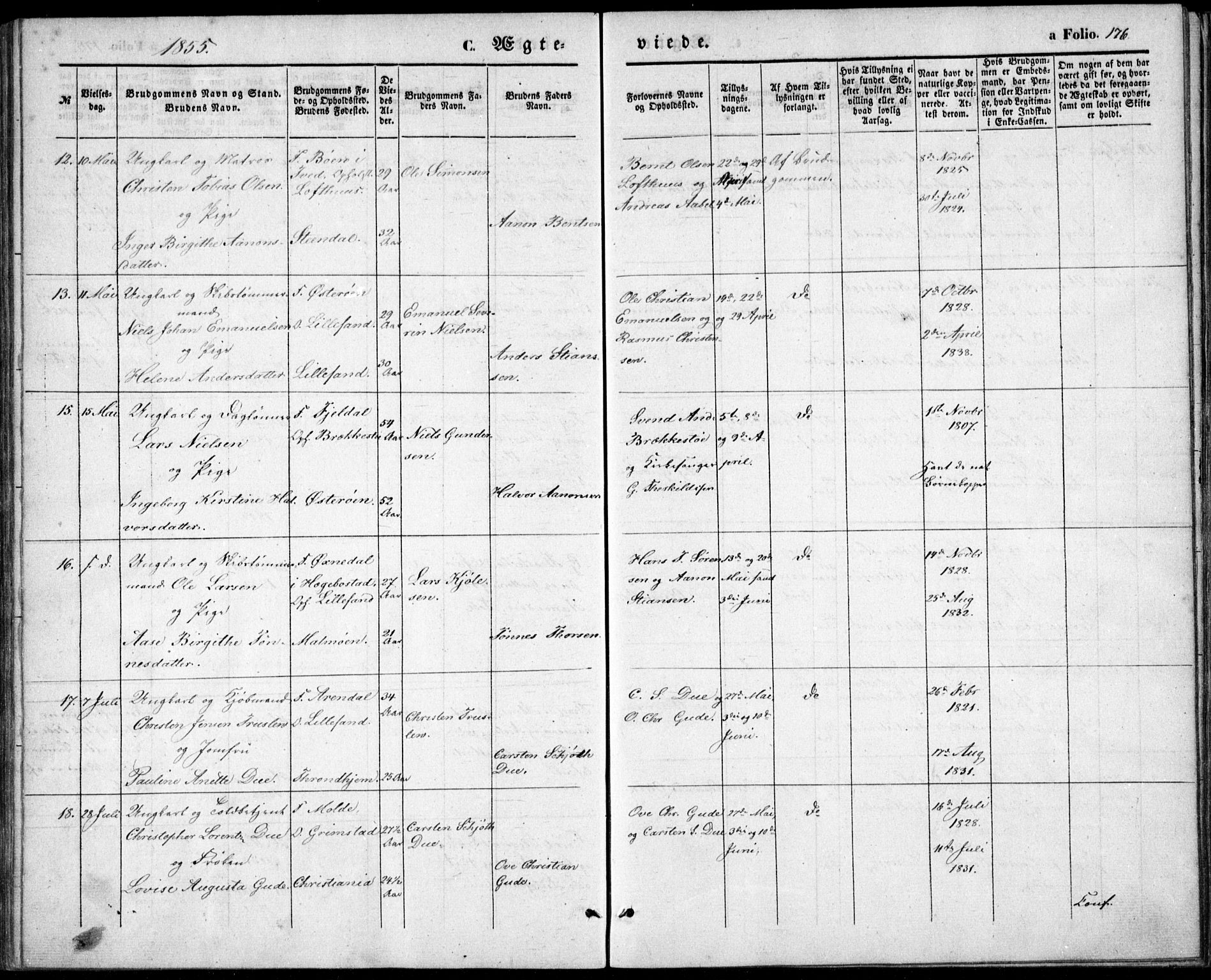 Vestre Moland sokneprestkontor, AV/SAK-1111-0046/F/Fb/Fbb/L0003: Parish register (copy) no. B 3, 1851-1861, p. 176