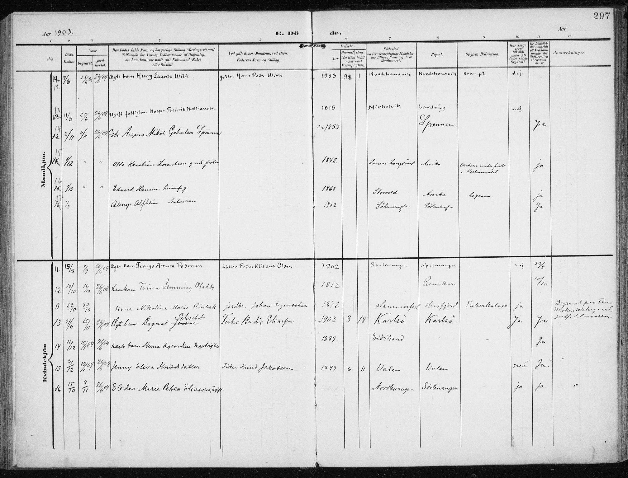 Karlsøy sokneprestembete, AV/SATØ-S-1299/H/Ha/Haa/L0014kirke: Parish register (official) no. 14, 1903-1917, p. 297