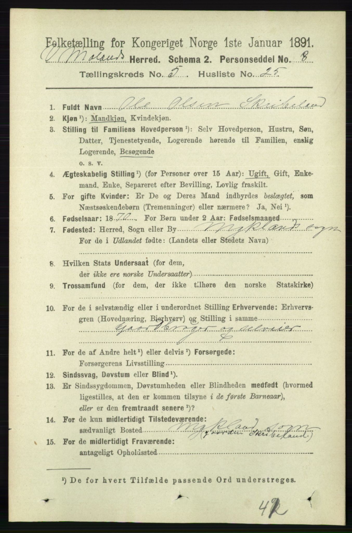 RA, 1891 census for 0926 Vestre Moland, 1891, p. 1971