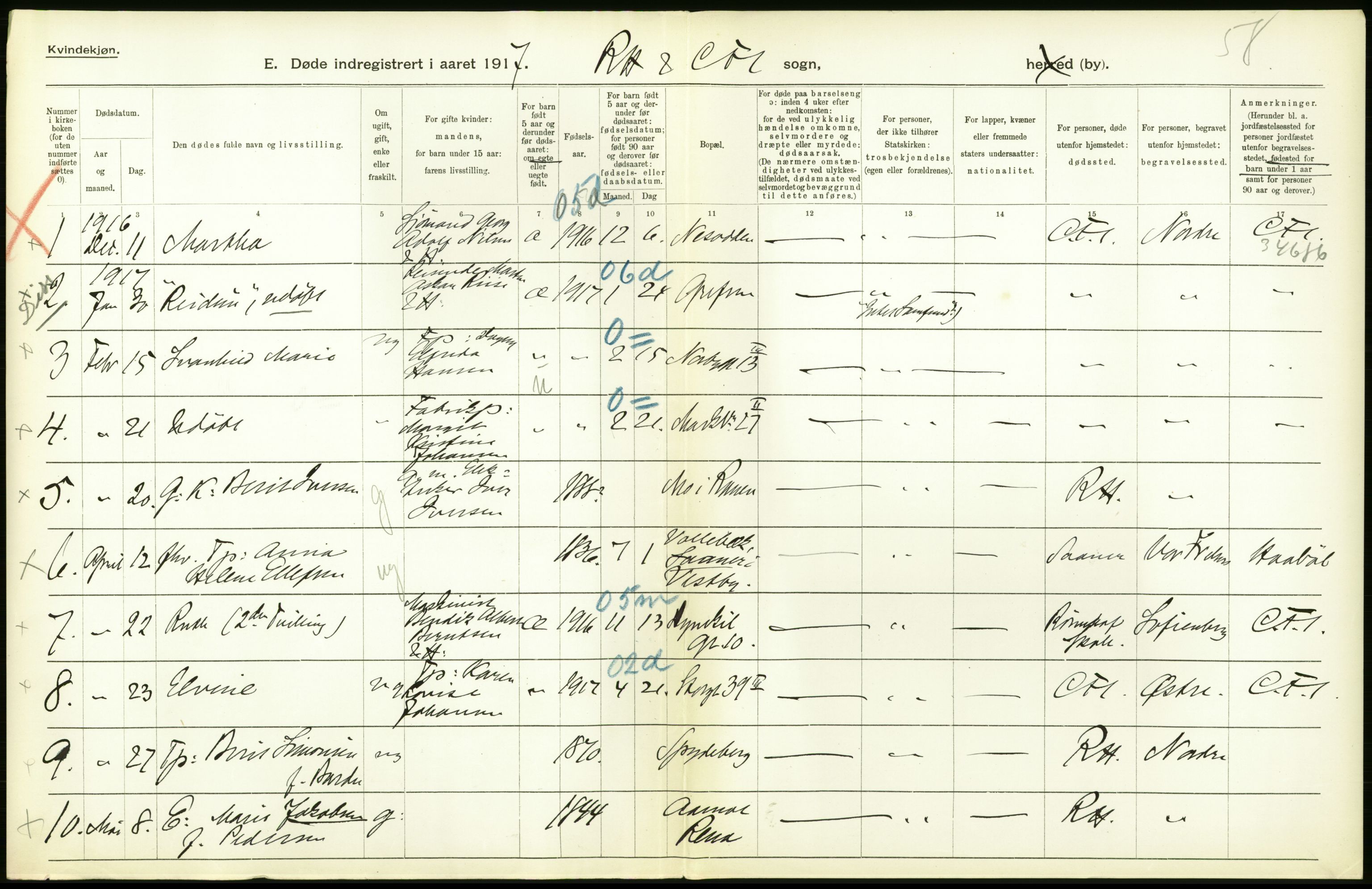 Statistisk sentralbyrå, Sosiodemografiske emner, Befolkning, RA/S-2228/D/Df/Dfb/Dfbg/L0011: Kristiania: Døde, dødfødte., 1917, p. 226