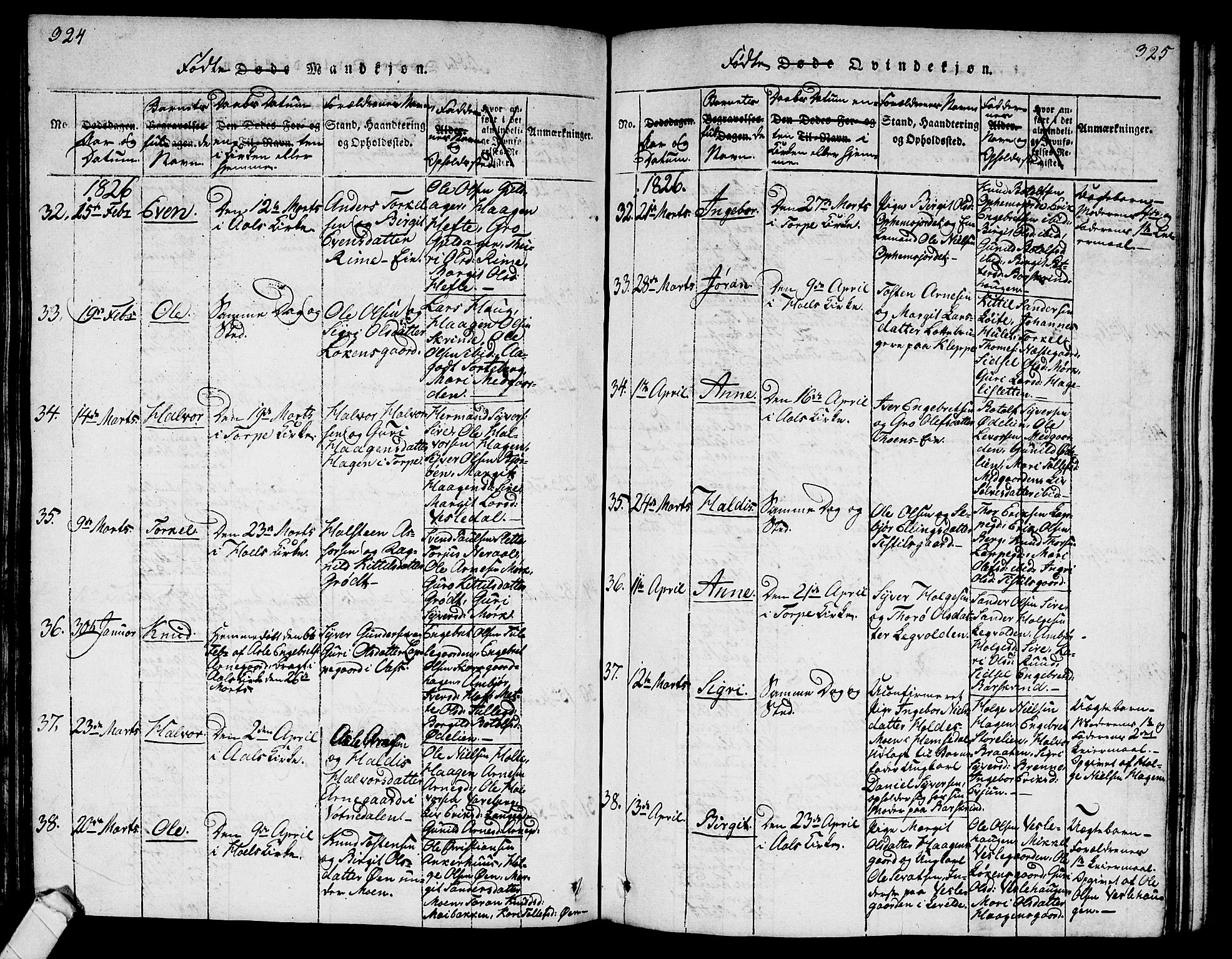 Ål kirkebøker, AV/SAKO-A-249/G/Ga/L0001: Parish register (copy) no. 1, 1815-1829, p. 324-325