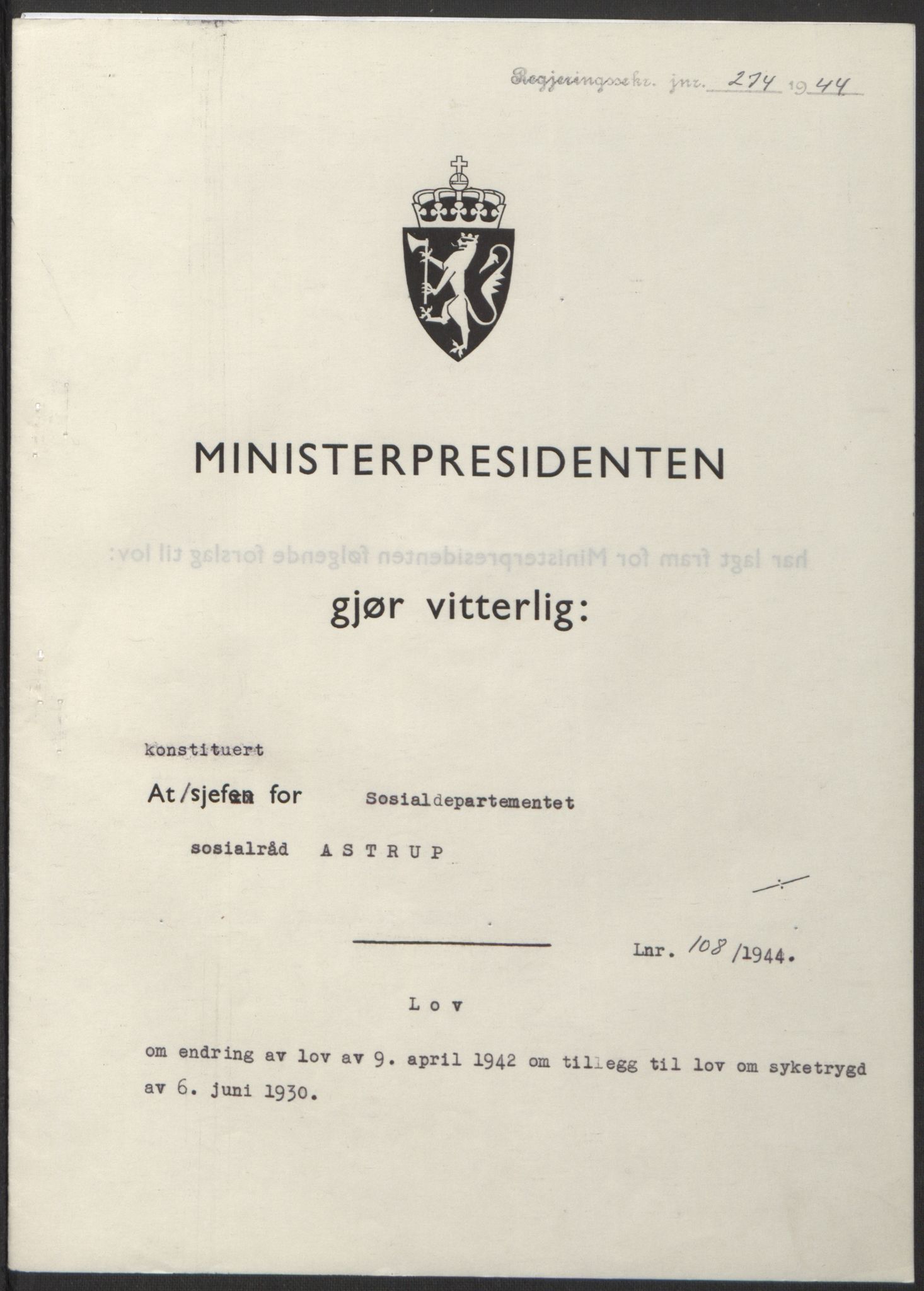 NS-administrasjonen 1940-1945 (Statsrådsekretariatet, de kommisariske statsråder mm), RA/S-4279/D/Db/L0100: Lover, 1944, p. 509