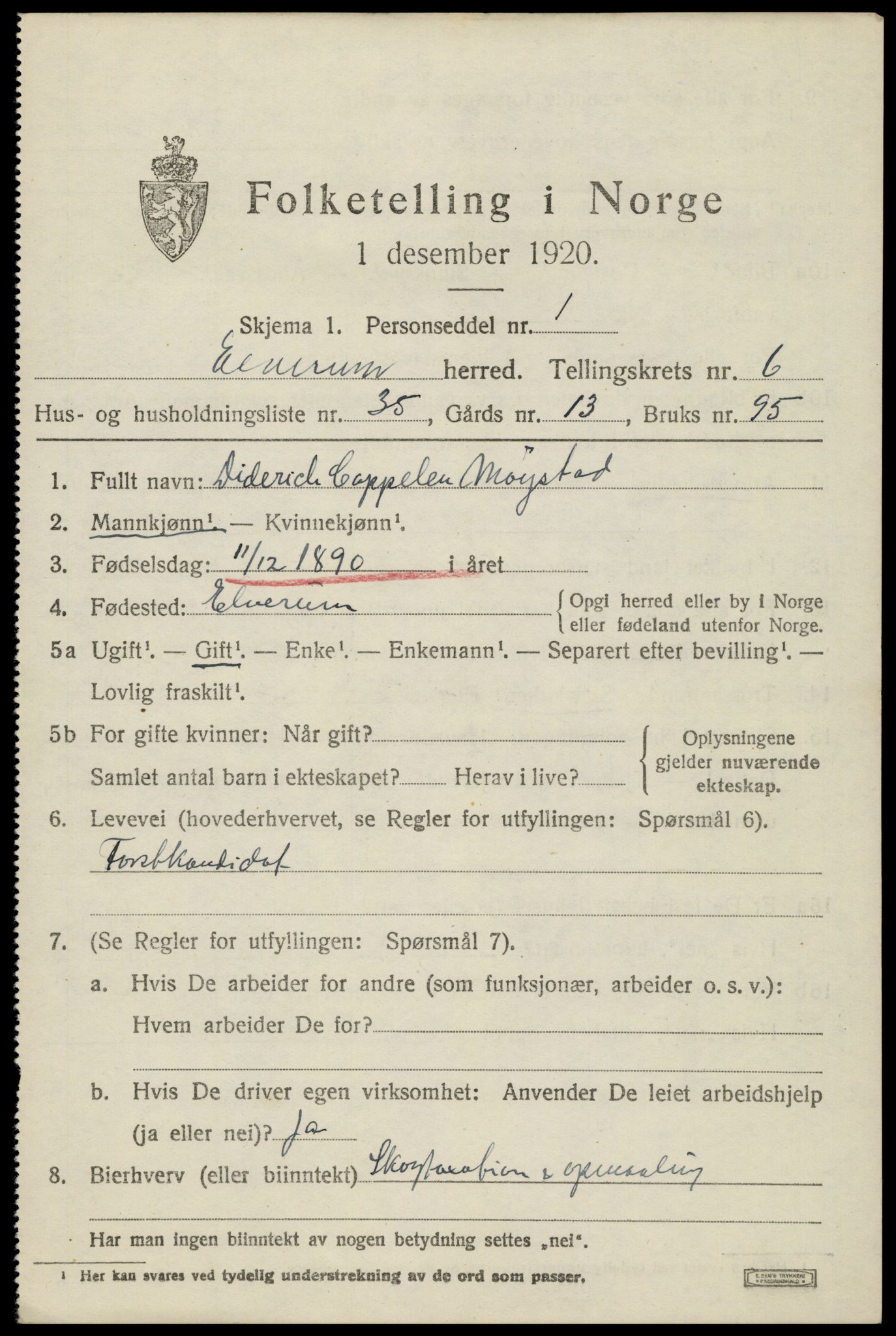 SAH, 1920 census for Elverum, 1920, p. 9700