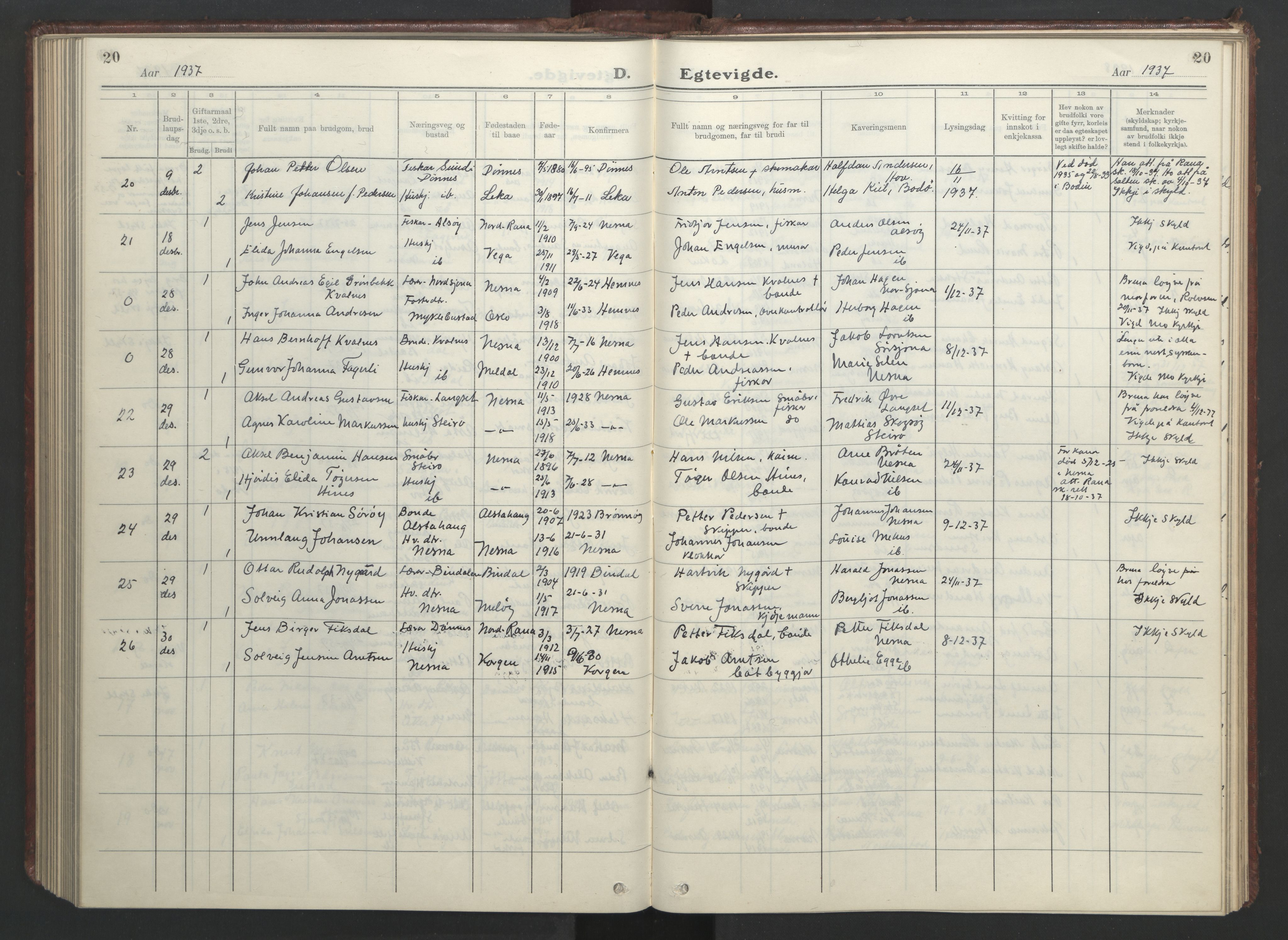 Ministerialprotokoller, klokkerbøker og fødselsregistre - Nordland, AV/SAT-A-1459/838/L0561: Parish register (copy) no. 838C08, 1923-1953, p. 20