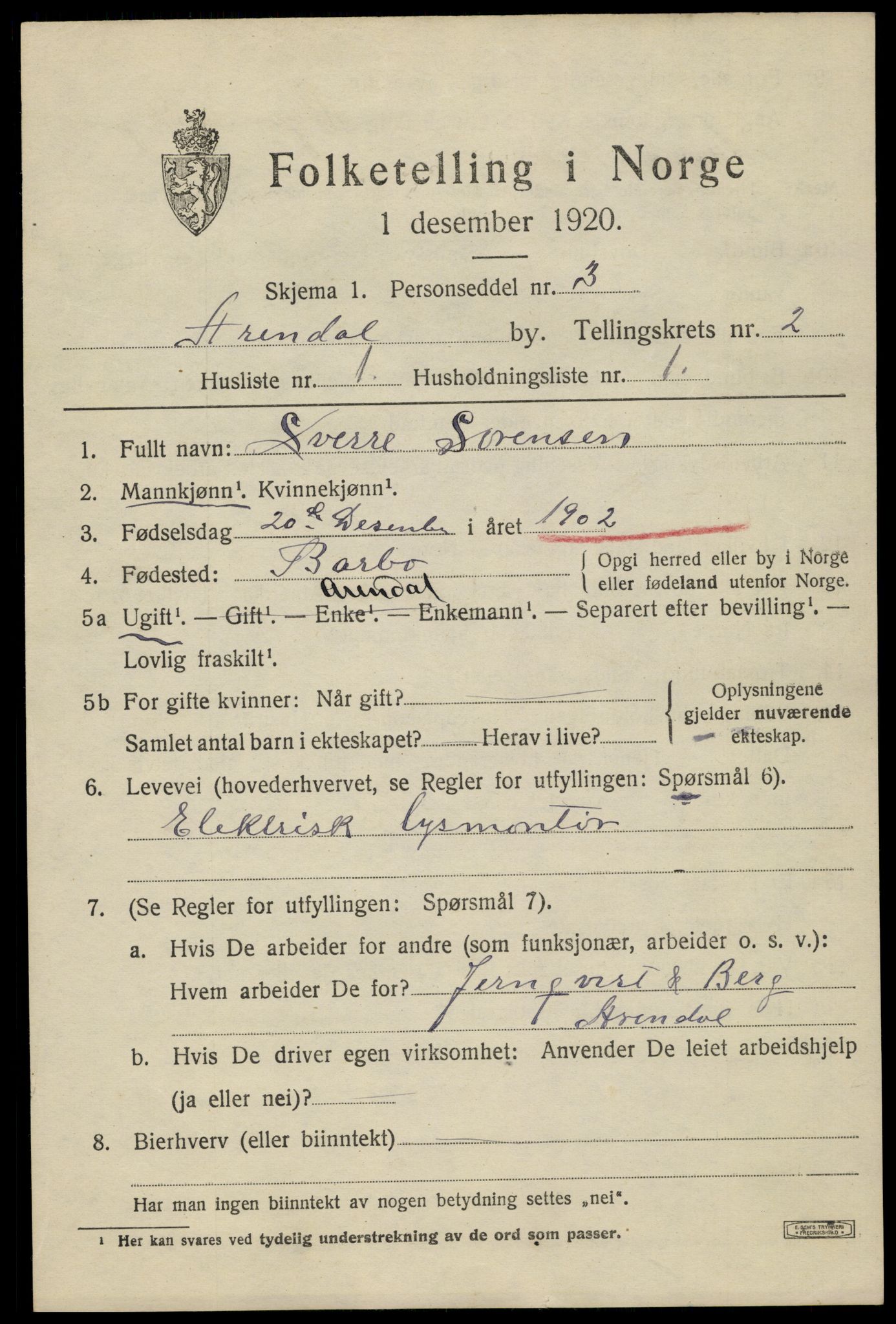 SAK, 1920 census for Arendal, 1920, p. 10010