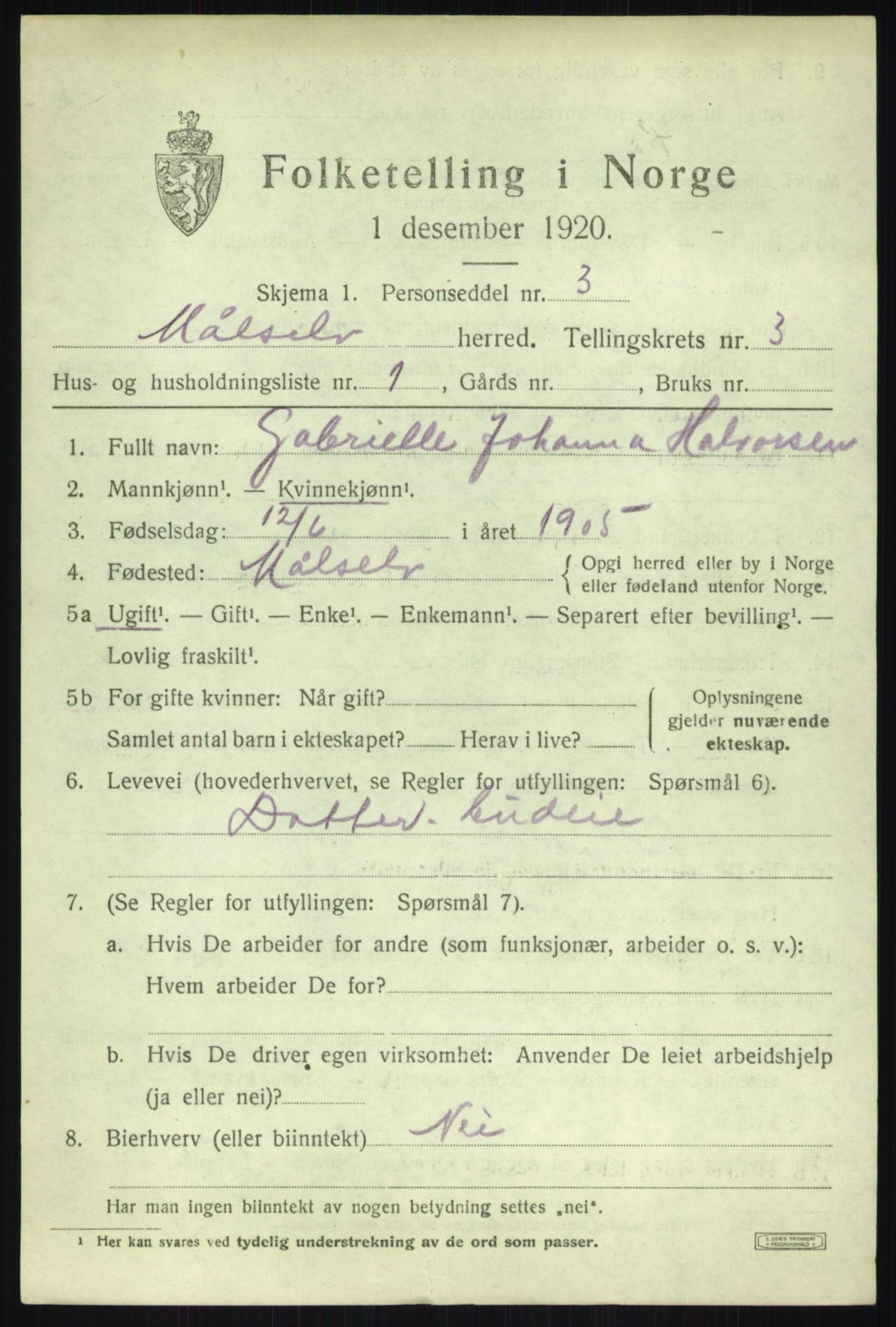 SATØ, 1920 census for Målselv, 1920, p. 2259