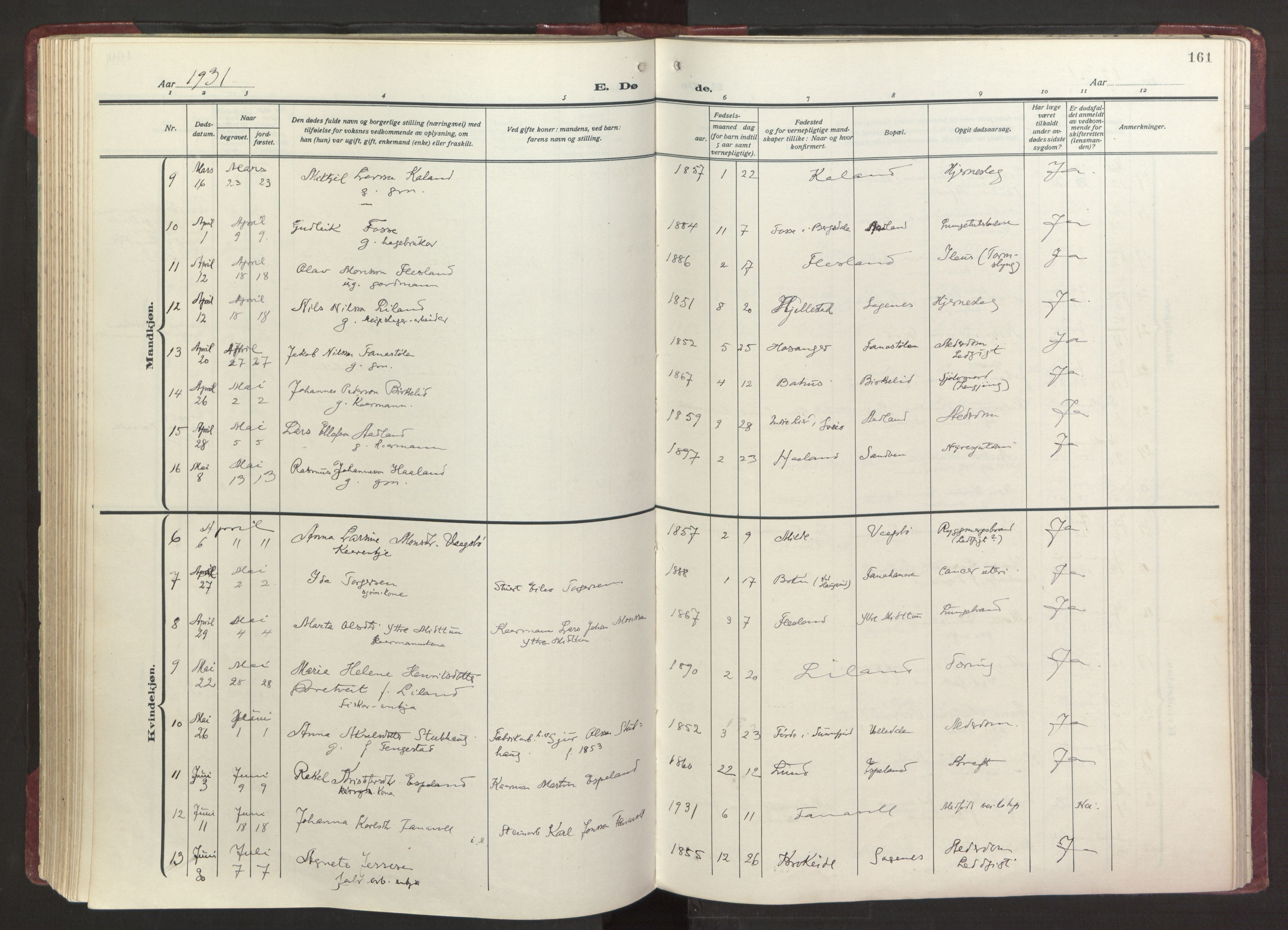 Fana Sokneprestembete, AV/SAB-A-75101/H/Haa/Haab/L0006: Parish register (official) no. B 6, 1923-1967, p. 161