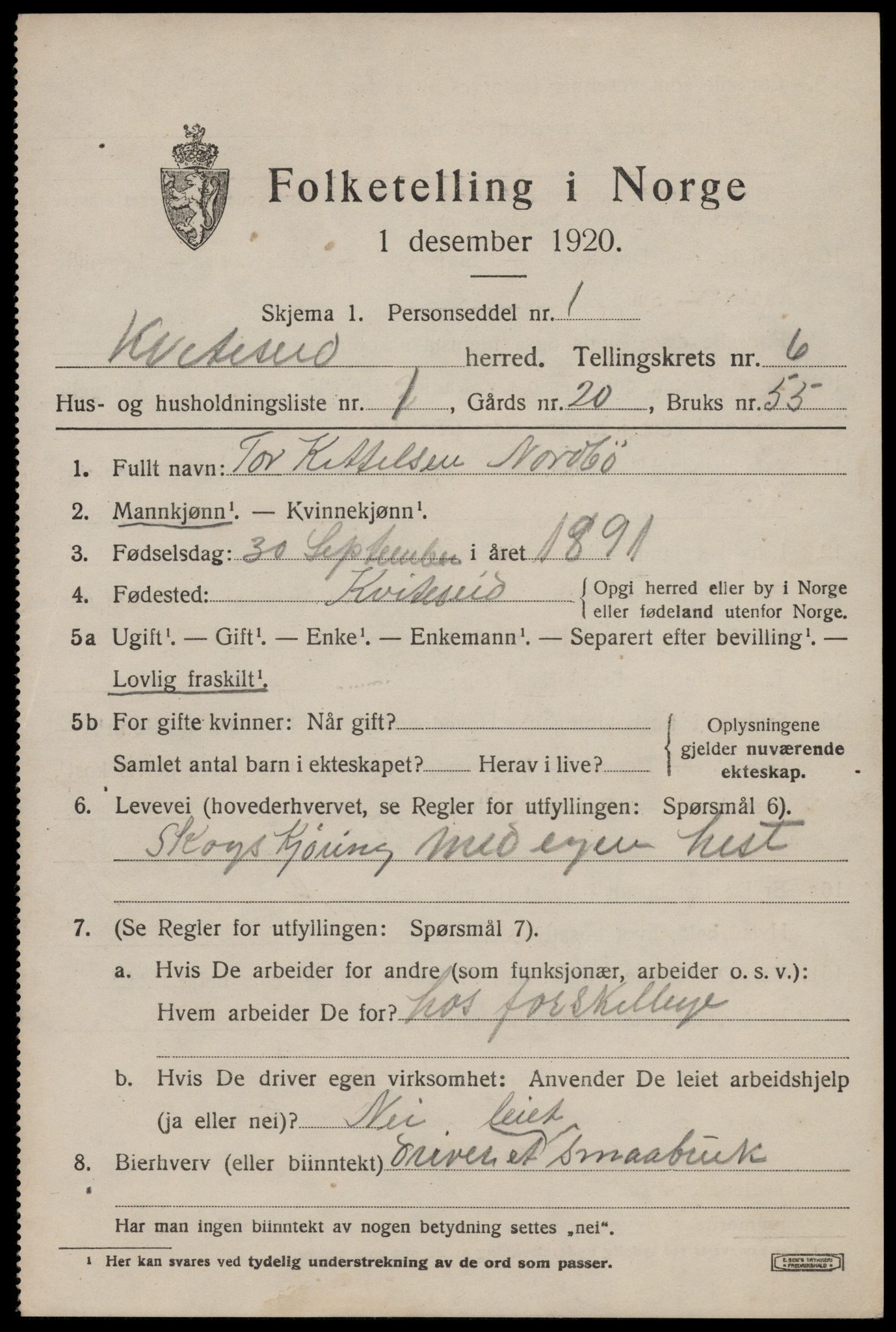 SAKO, 1920 census for Kviteseid, 1920, p. 3019