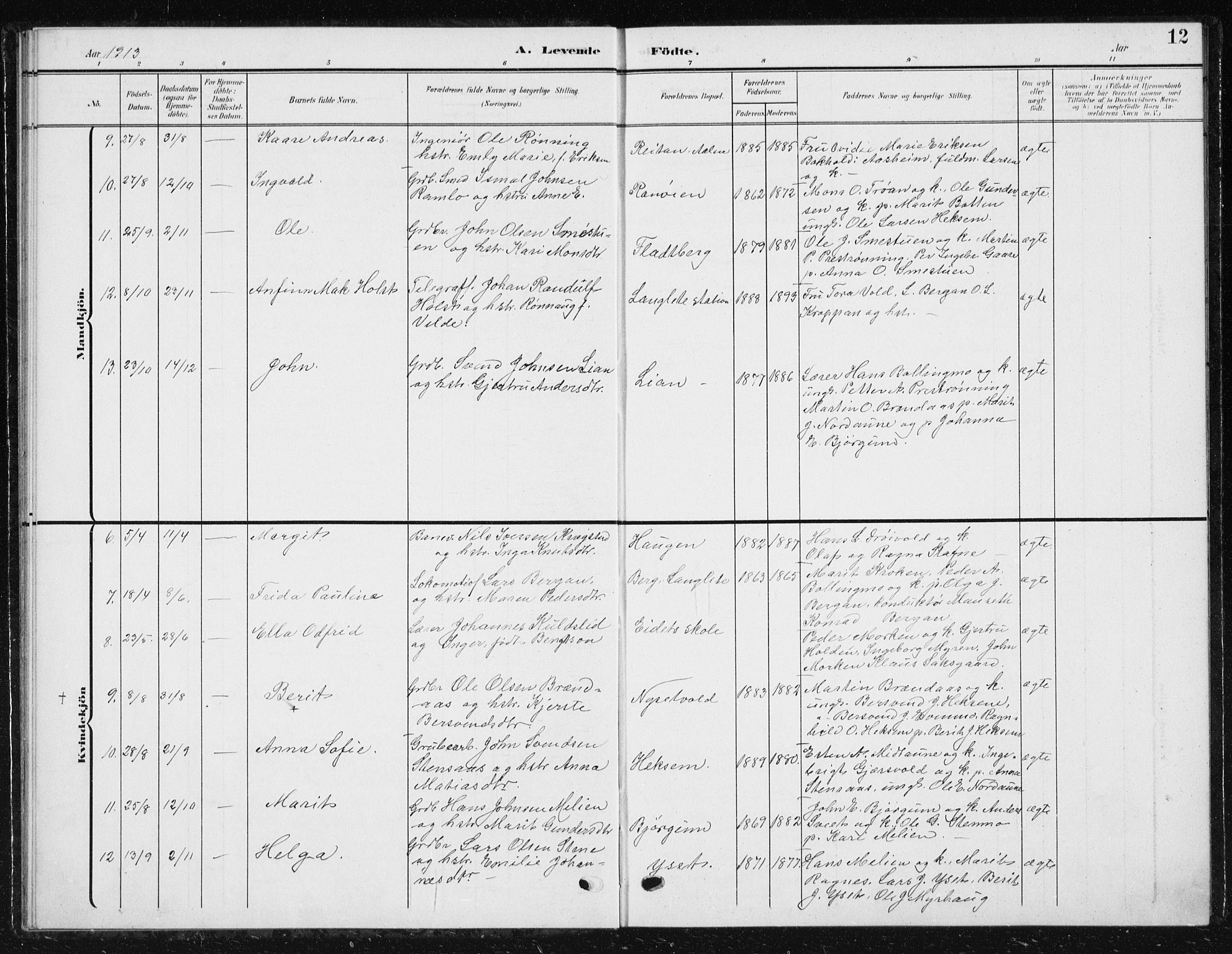 Ministerialprotokoller, klokkerbøker og fødselsregistre - Sør-Trøndelag, SAT/A-1456/685/L0979: Parish register (copy) no. 685C04, 1908-1933, p. 12