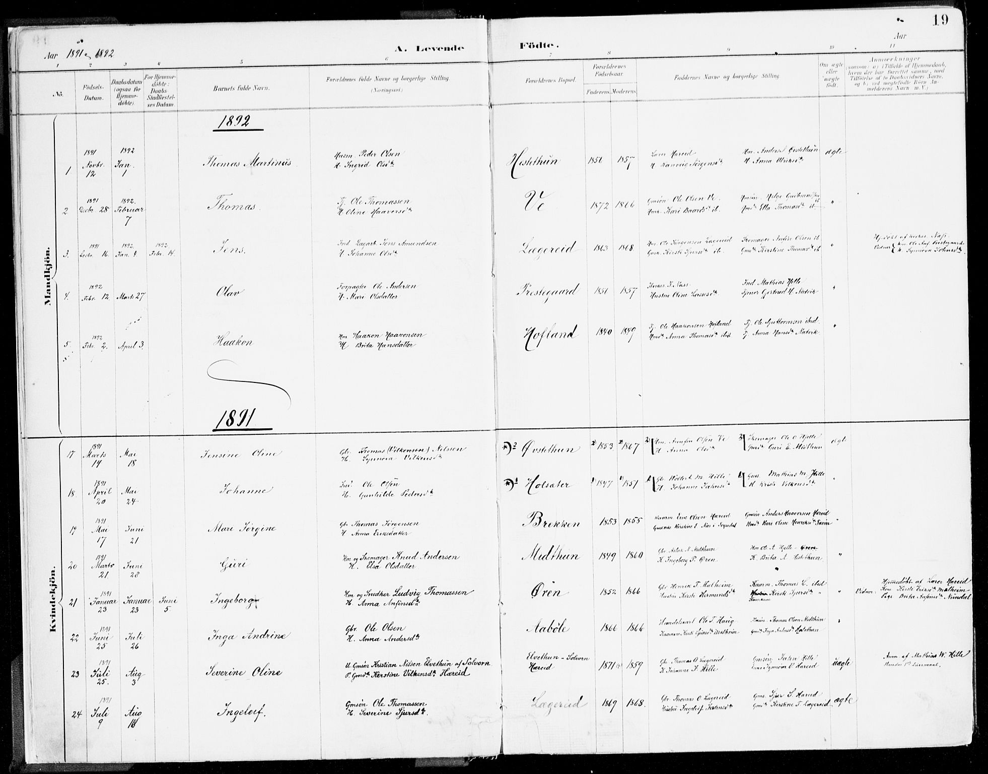 Årdal sokneprestembete, SAB/A-81701: Parish register (official) no. A 5, 1887-1917, p. 19