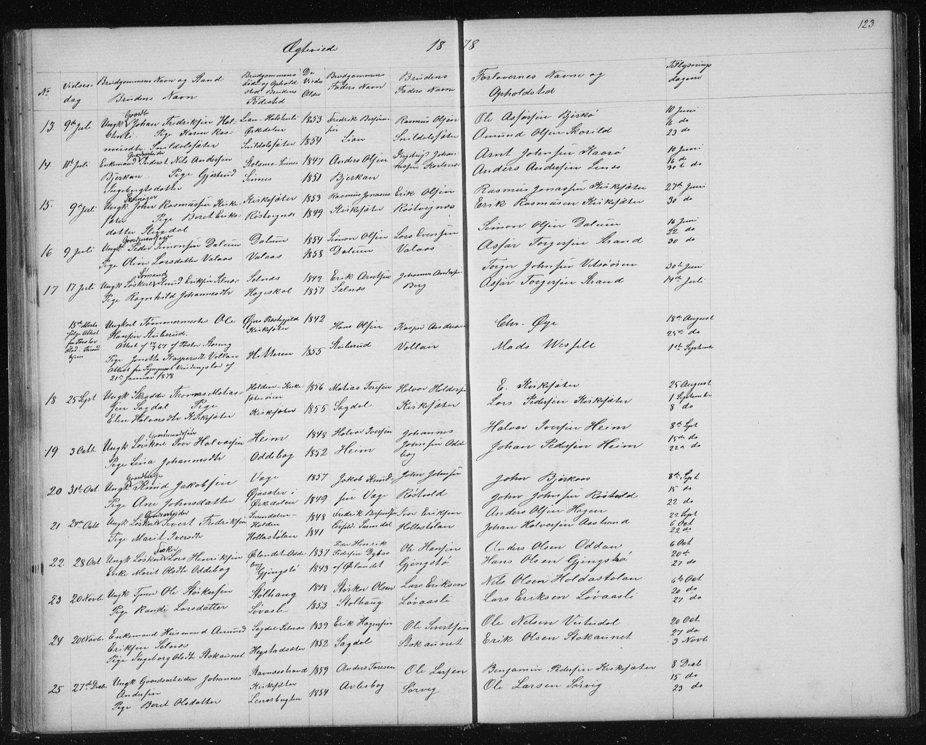 Ministerialprotokoller, klokkerbøker og fødselsregistre - Sør-Trøndelag, SAT/A-1456/630/L0503: Parish register (copy) no. 630C01, 1869-1878, p. 123
