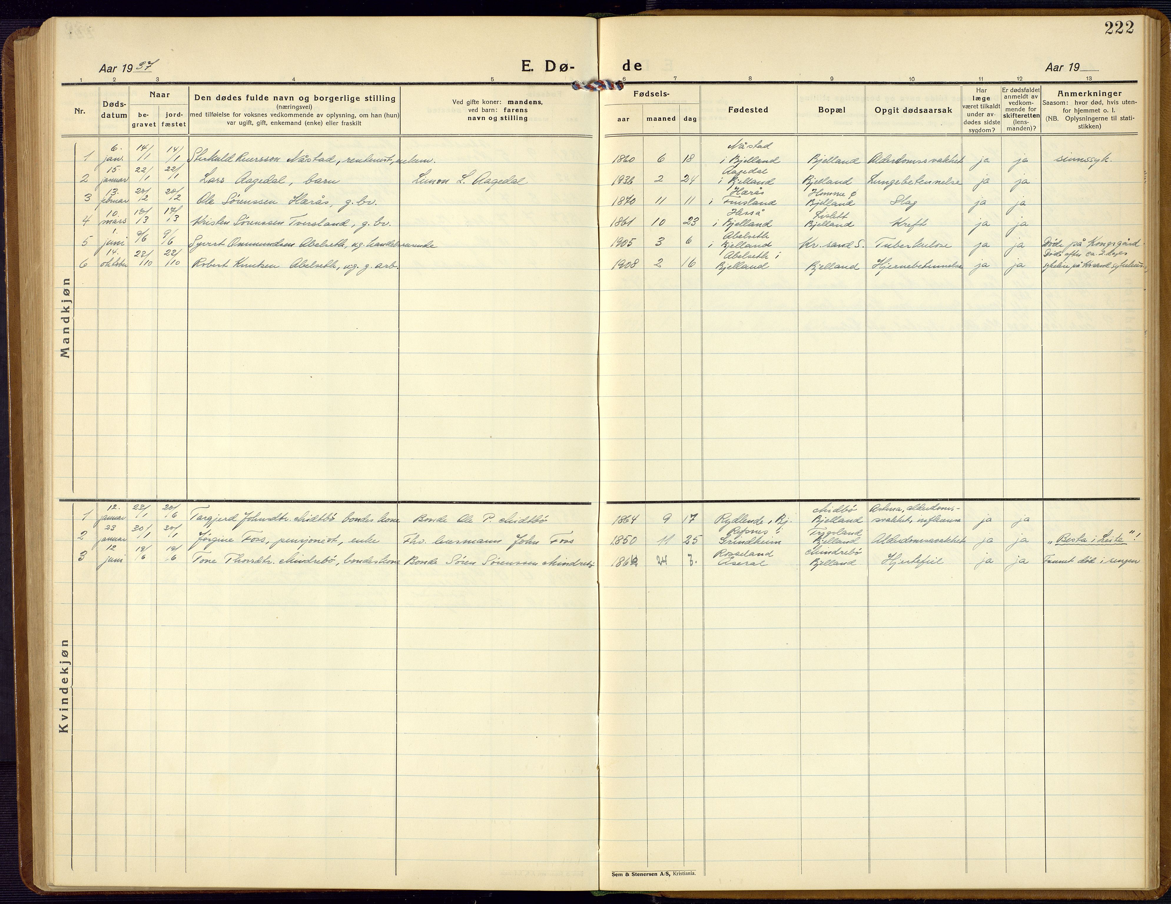 Bjelland sokneprestkontor, SAK/1111-0005/F/Fb/Fba/L0006: Parish register (copy) no. B 6, 1923-1956, p. 222