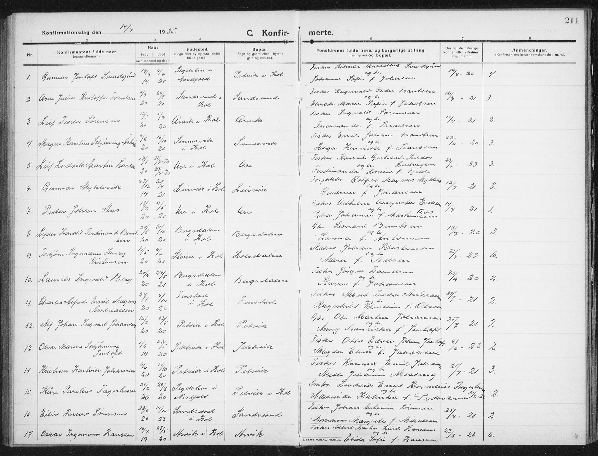 Ministerialprotokoller, klokkerbøker og fødselsregistre - Nordland, AV/SAT-A-1459/882/L1183: Parish register (copy) no. 882C01, 1911-1938, p. 211