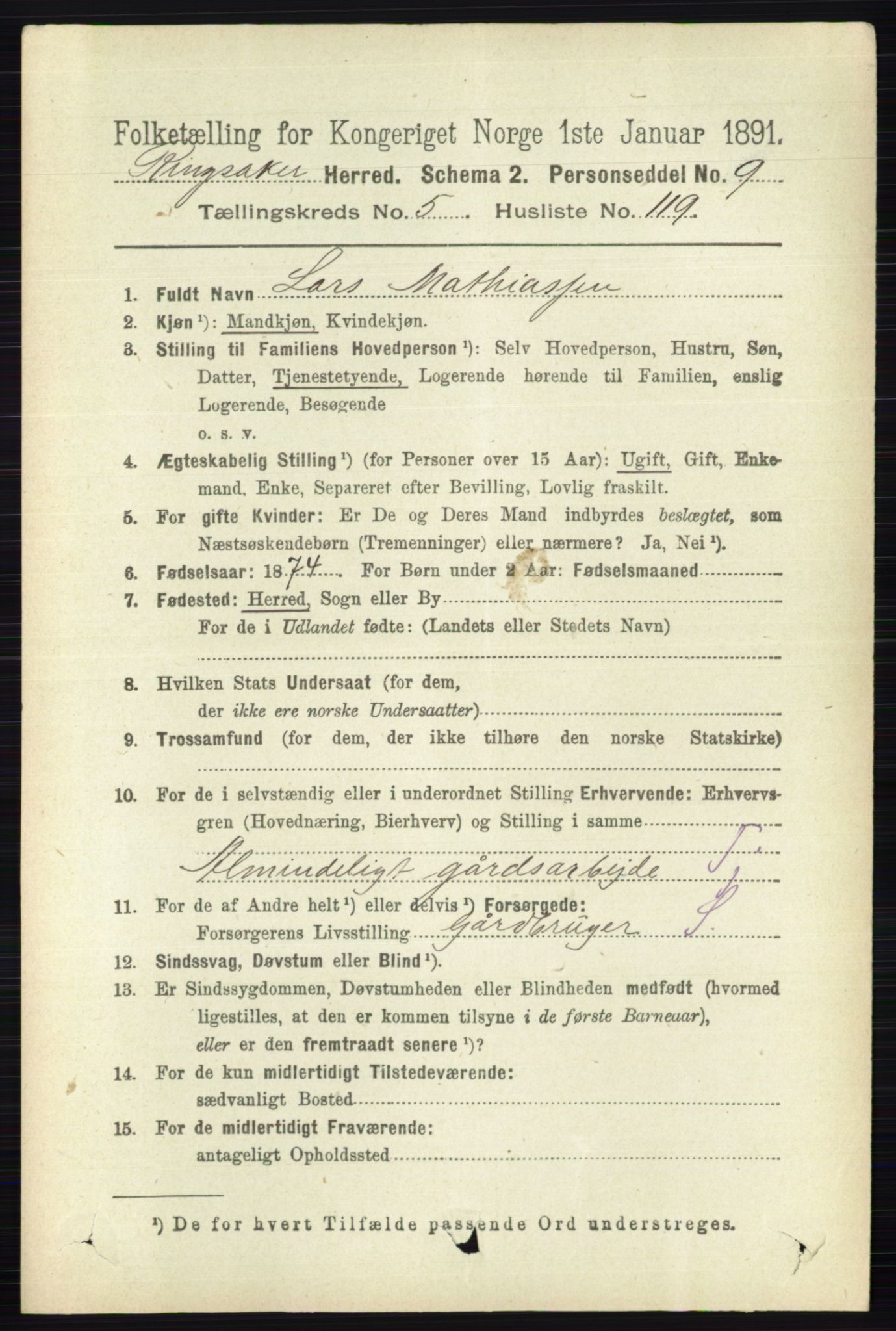 RA, 1891 census for 0412 Ringsaker, 1891, p. 3078