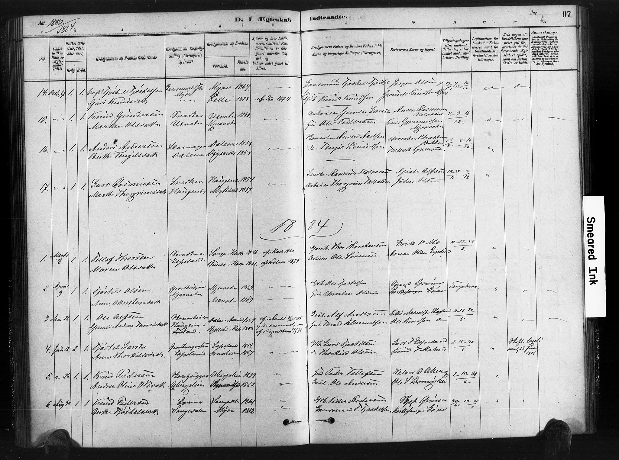 Gjerstad sokneprestkontor, SAK/1111-0014/F/Fa/Fab/L0004: Parish register (official) no. A 4, 1879-1890, p. 97