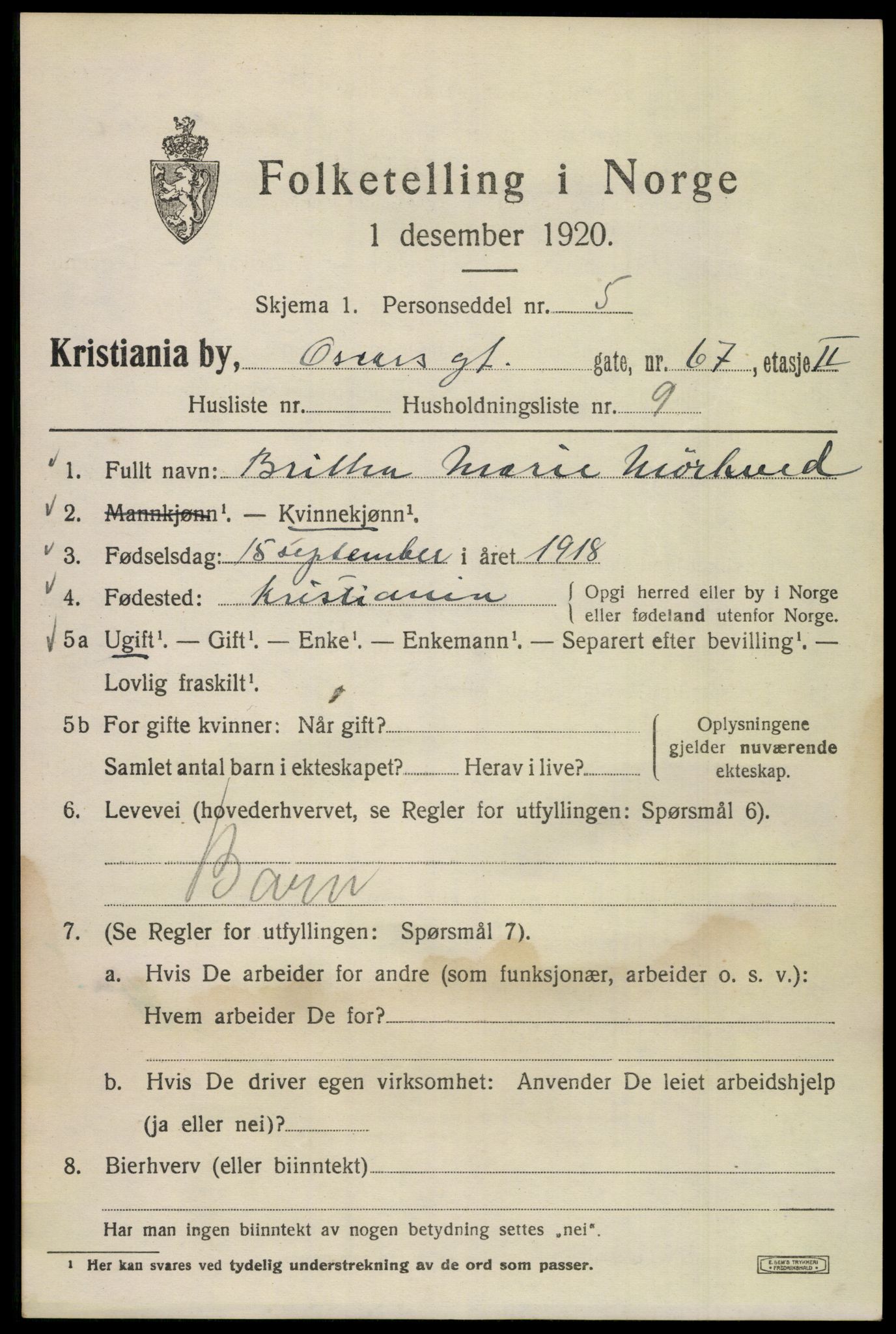 SAO, 1920 census for Kristiania, 1920, p. 438117