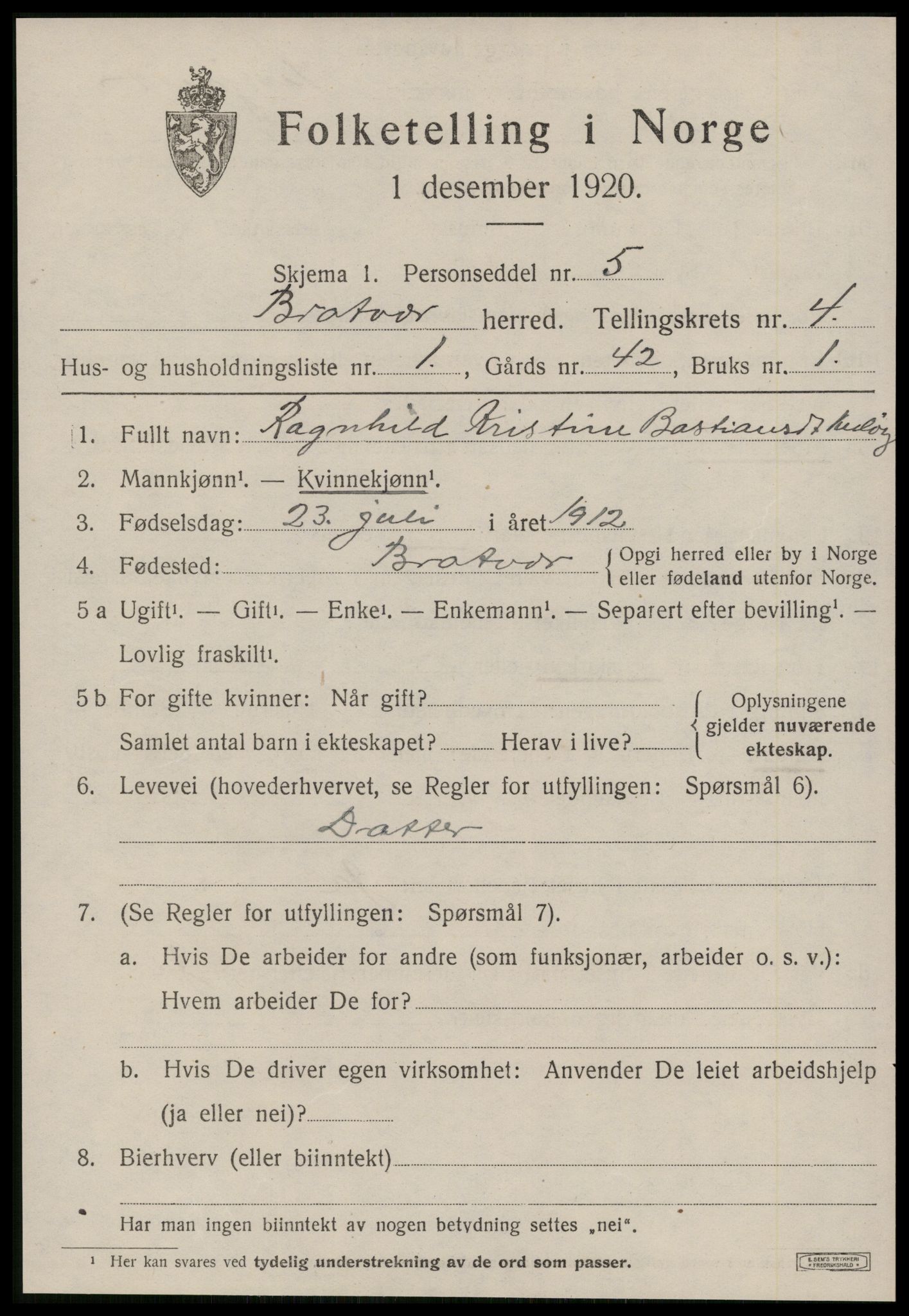 SAT, 1920 census for Brattvær, 1920, p. 1644