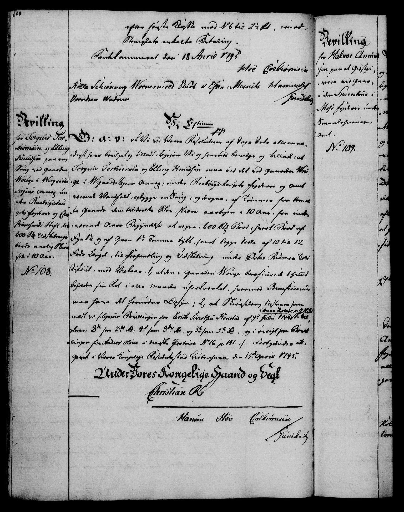 Rentekammeret, Kammerkanselliet, AV/RA-EA-3111/G/Gg/Gga/L0016: Norsk ekspedisjonsprotokoll med register (merket RK 53.16), 1794-1800, p. 68