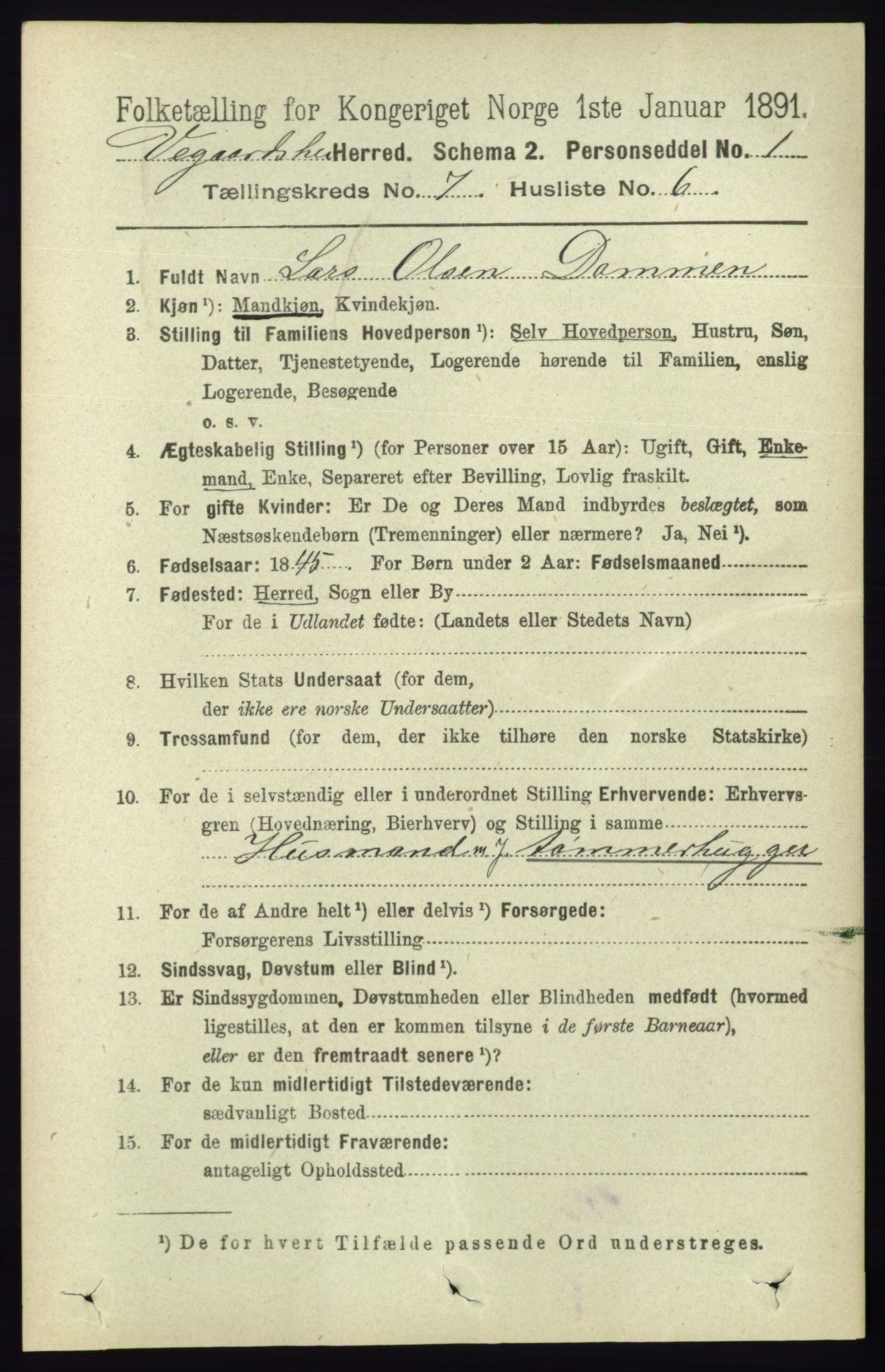 RA, 1891 census for 0912 Vegårshei, 1891, p. 1360