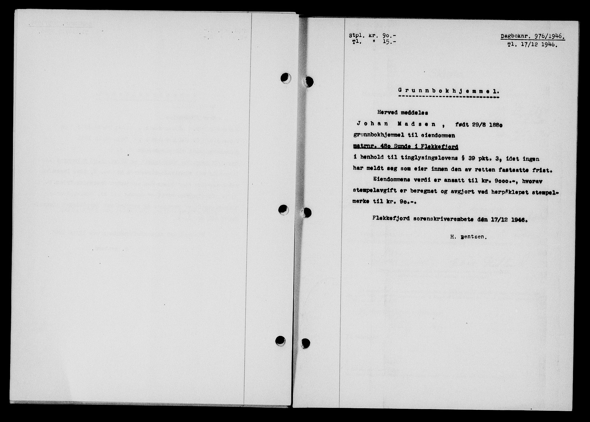 Flekkefjord sorenskriveri, AV/SAK-1221-0001/G/Gb/Gba/L0061: Mortgage book no. A-9, 1946-1947, Diary no: : 976/1946