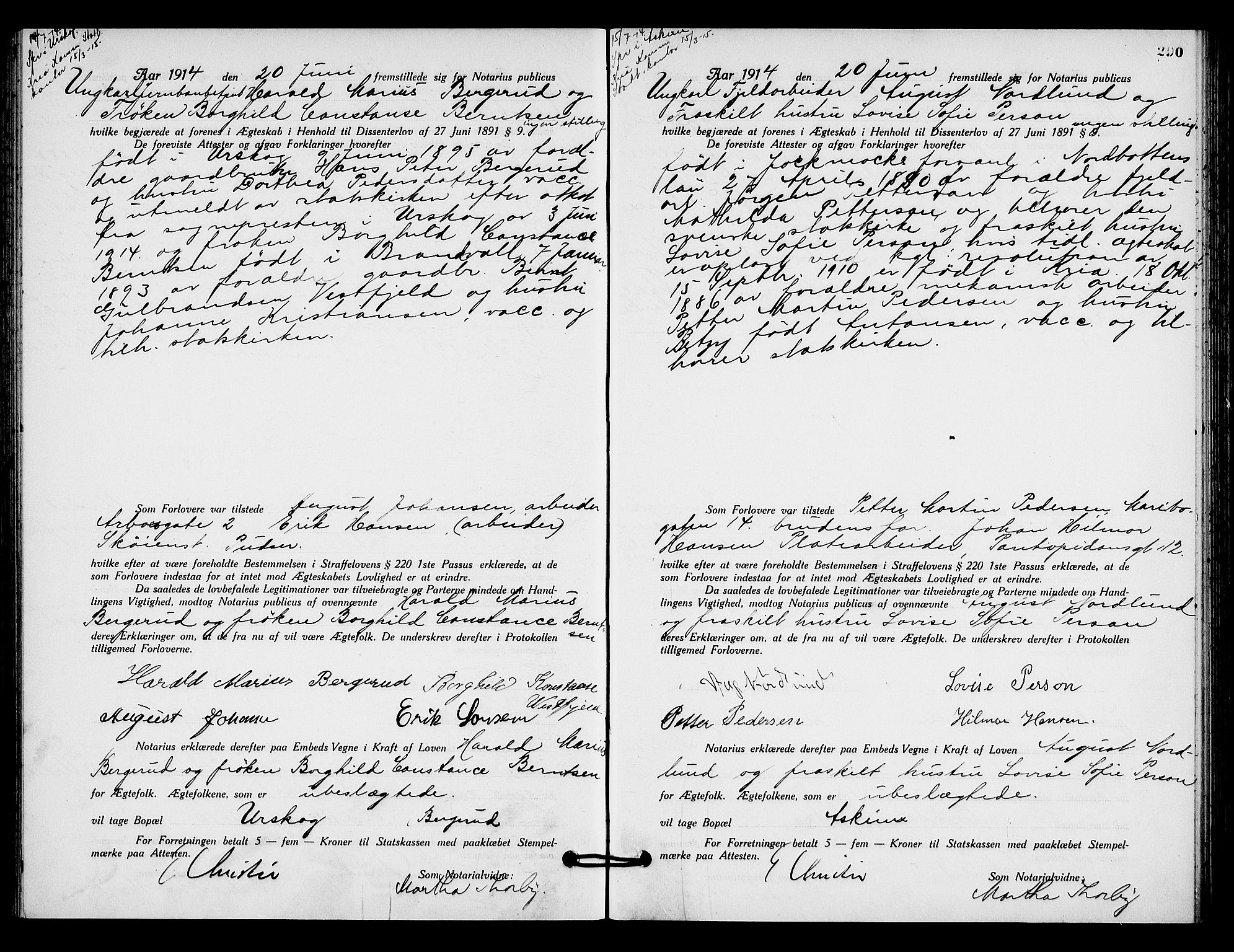 Oslo byfogd avd. I, AV/SAO-A-10220/L/Lb/Lbb/L0009: Notarialprotokoll, rekke II: Vigsler, 1913-1914, p. 289b-290a