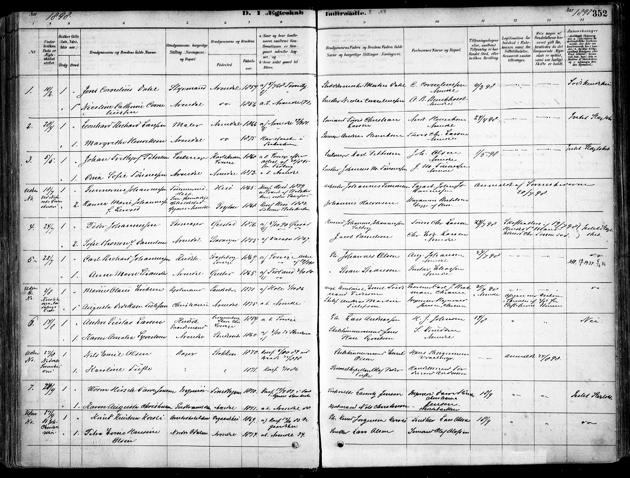 Arendal sokneprestkontor, Trefoldighet, SAK/1111-0040/F/Fa/L0008: Parish register (official) no. A 8, 1878-1899, p. 352