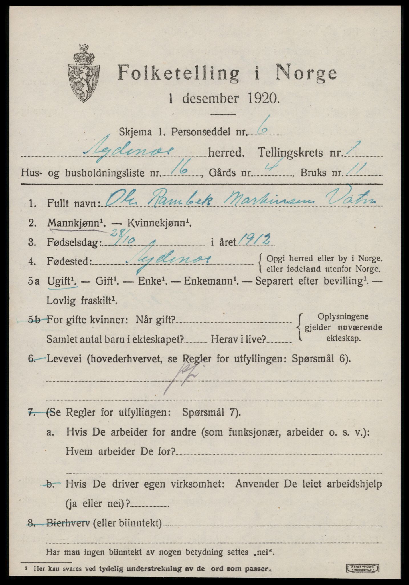 SAT, 1920 census for Agdenes, 1920, p. 695