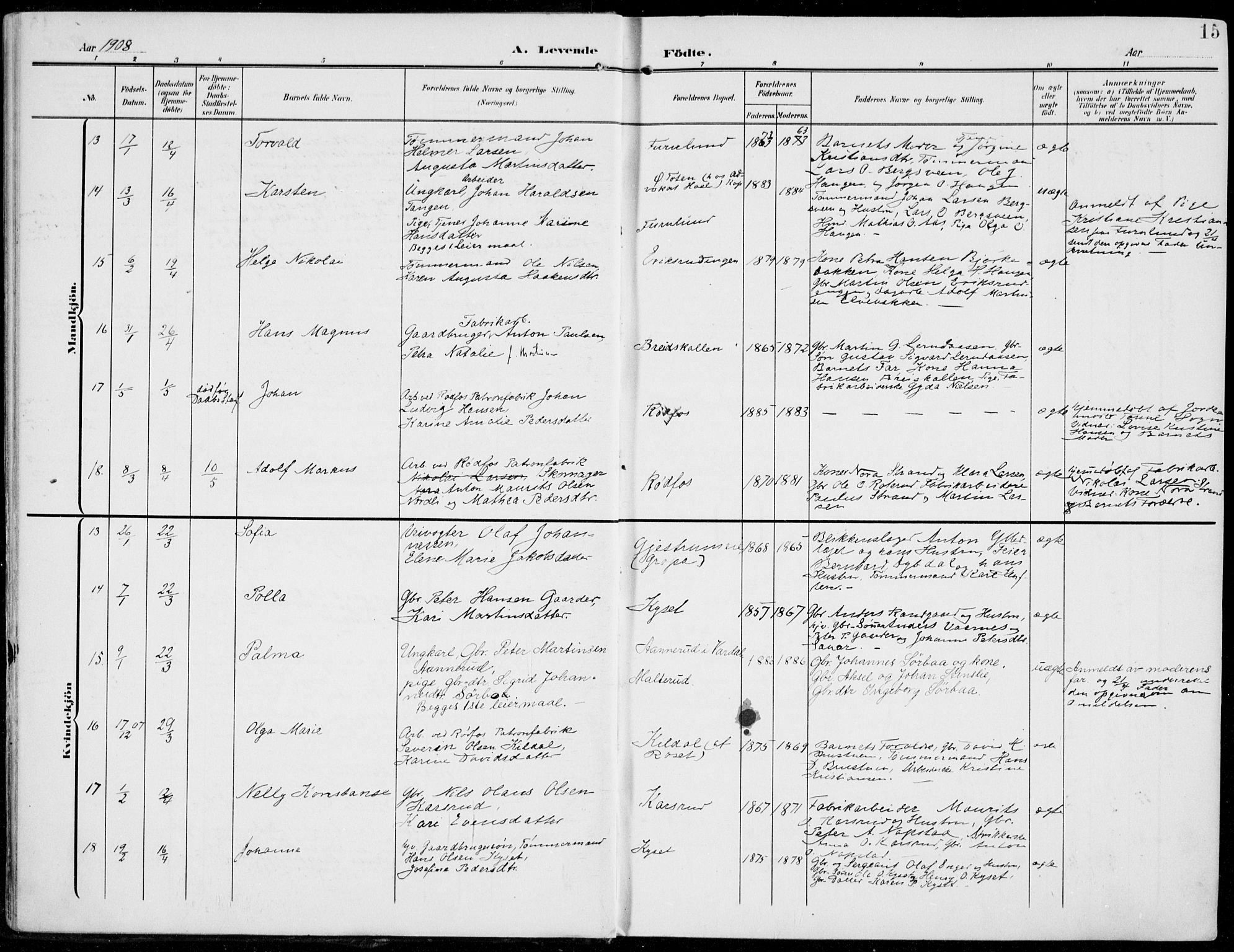 Vestre Toten prestekontor, SAH/PREST-108/H/Ha/Haa/L0014: Parish register (official) no. 14, 1907-1920, p. 15
