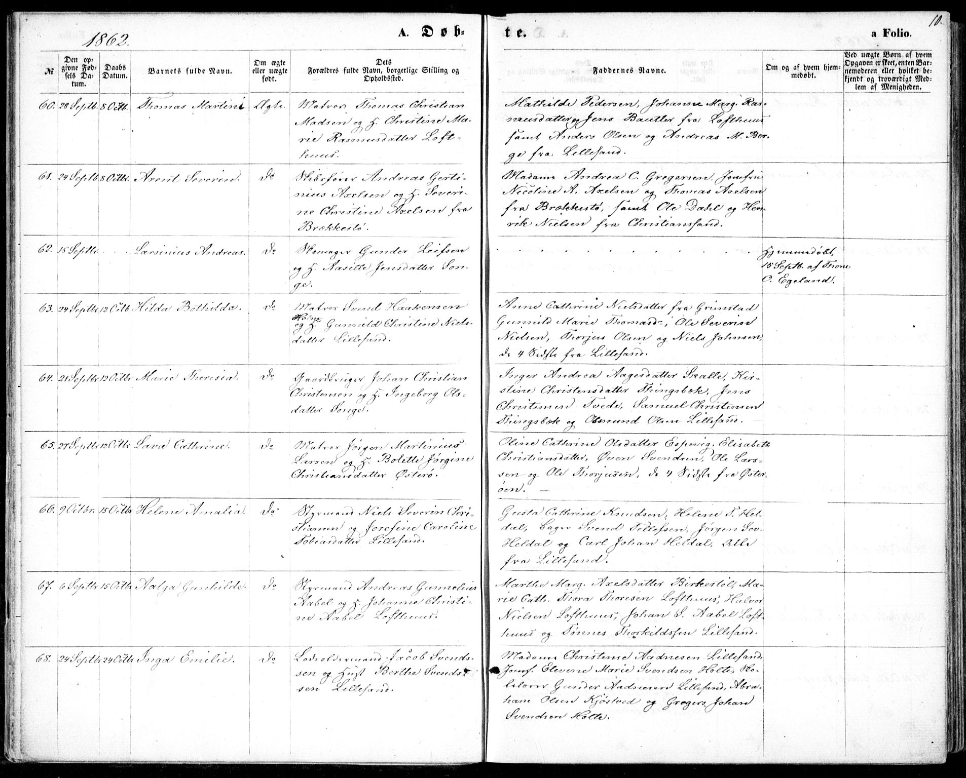 Vestre Moland sokneprestkontor, AV/SAK-1111-0046/F/Fb/Fbb/L0004: Parish register (copy) no. B 4, 1861-1872, p. 10