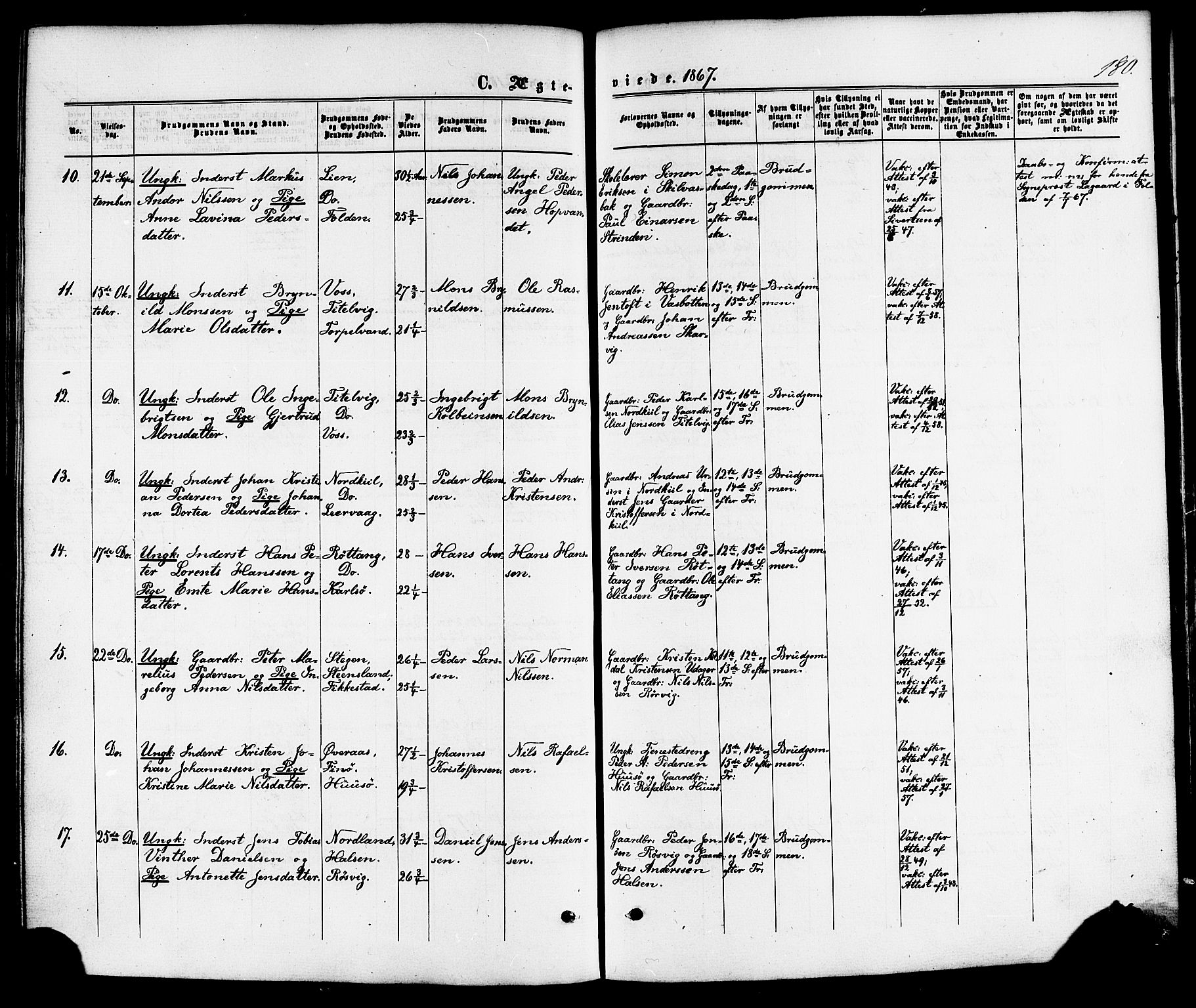 Ministerialprotokoller, klokkerbøker og fødselsregistre - Nordland, SAT/A-1459/859/L0845: Parish register (official) no. 859A05, 1863-1877, p. 180