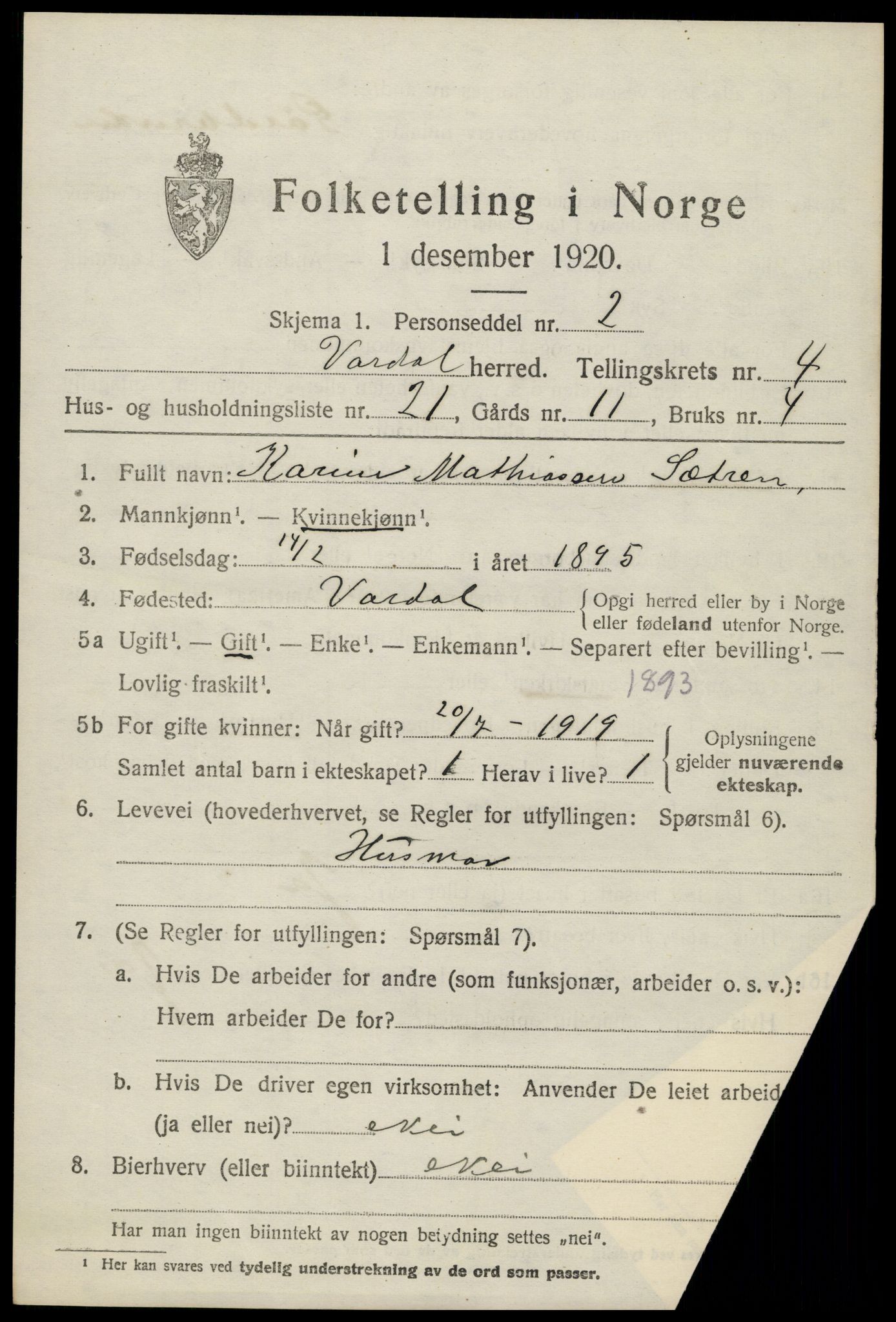 SAH, 1920 census for Vardal, 1920, p. 3061