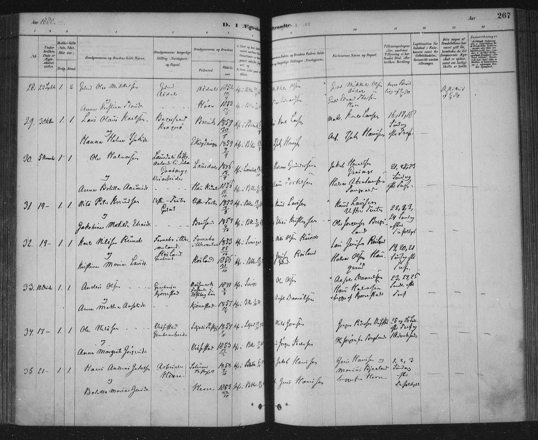 Bamble kirkebøker, SAKO/A-253/F/Fa/L0007: Parish register (official) no. I 7, 1878-1888, p. 267