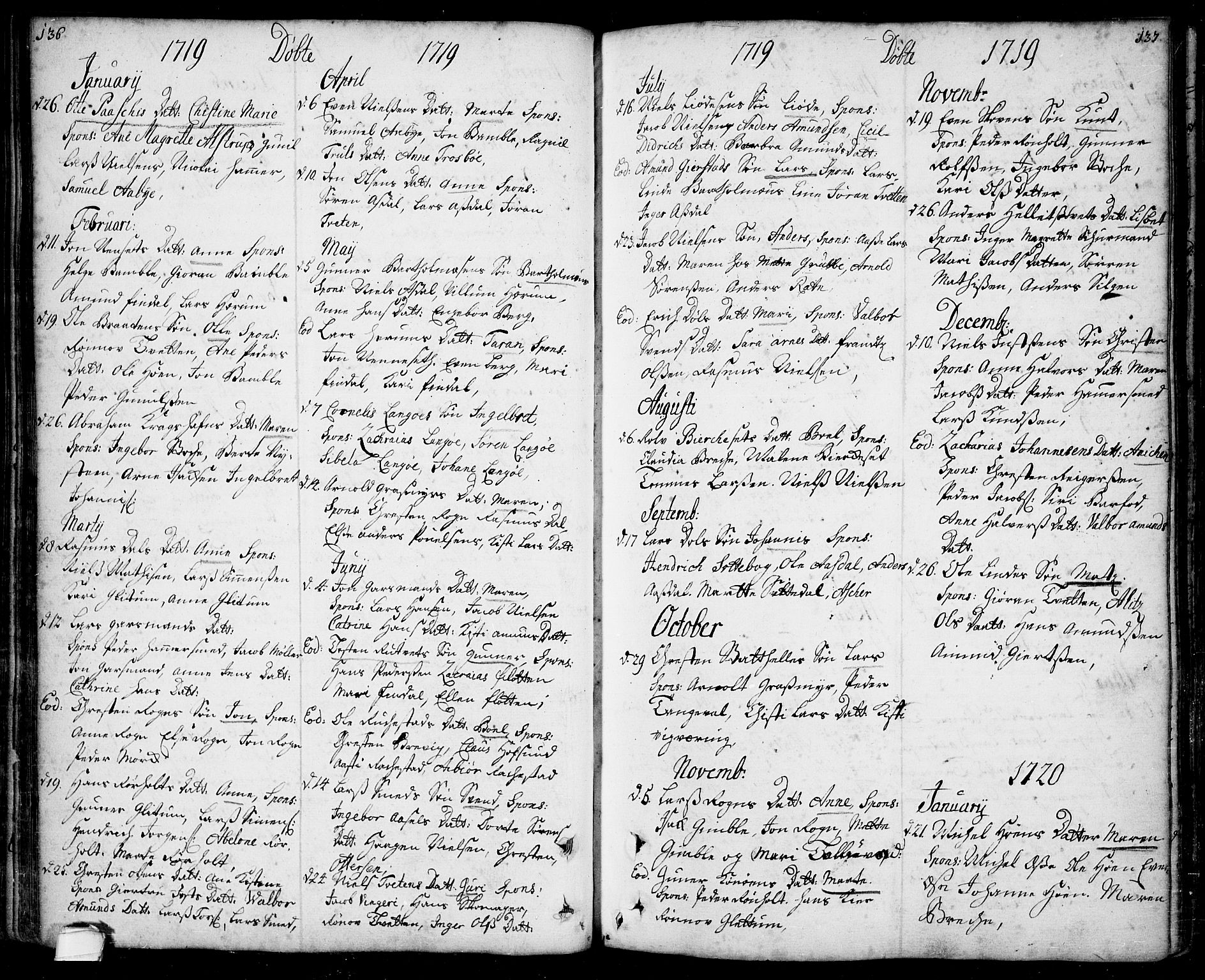 Bamble kirkebøker, SAKO/A-253/F/Fa/L0001: Parish register (official) no. I 1, 1702-1774, p. 136-137