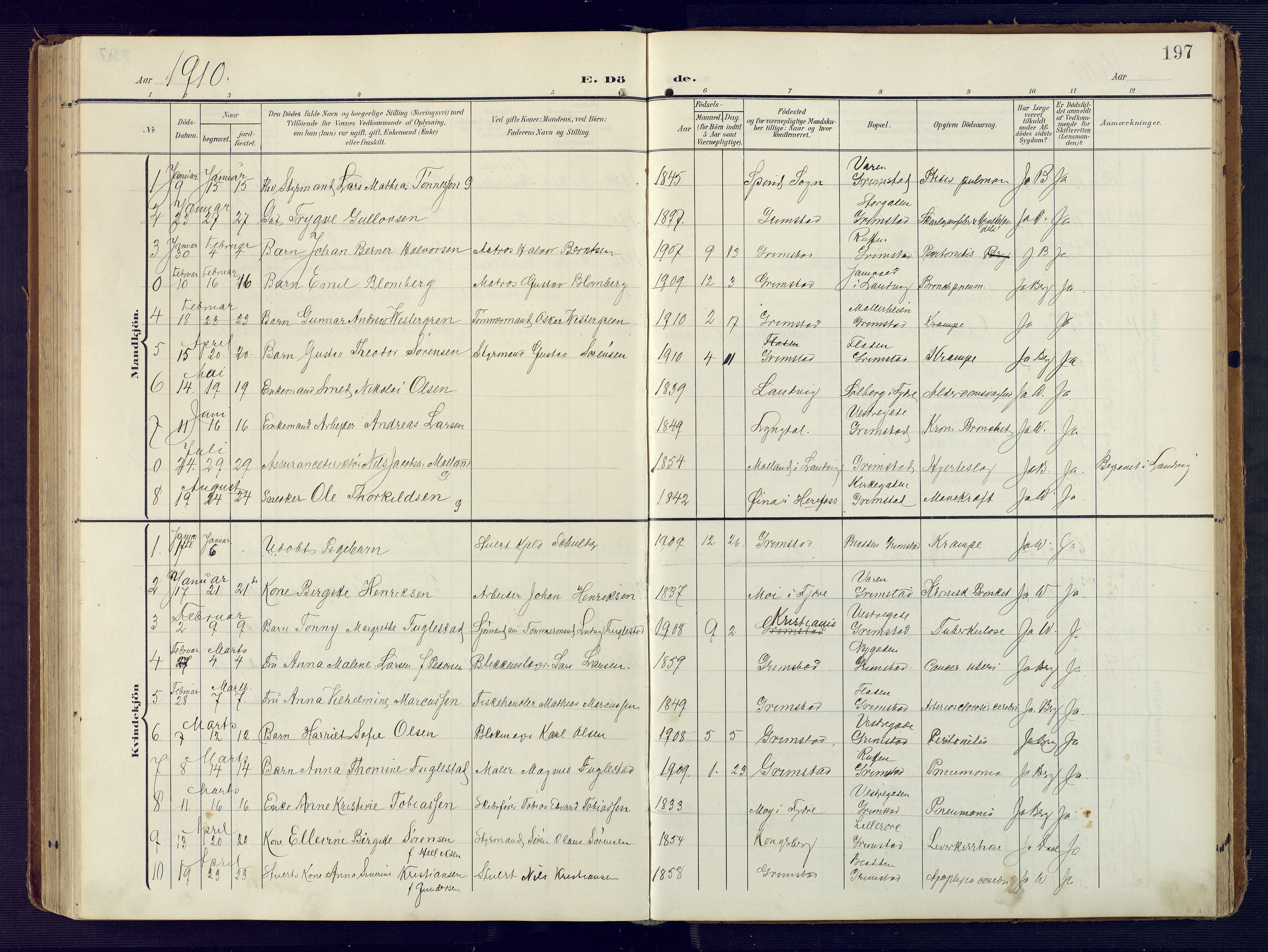 Grimstad sokneprestkontor, SAK/1111-0017/F/Fa/L0005: Parish register (official) no. A 4, 1911-1924, p. 197