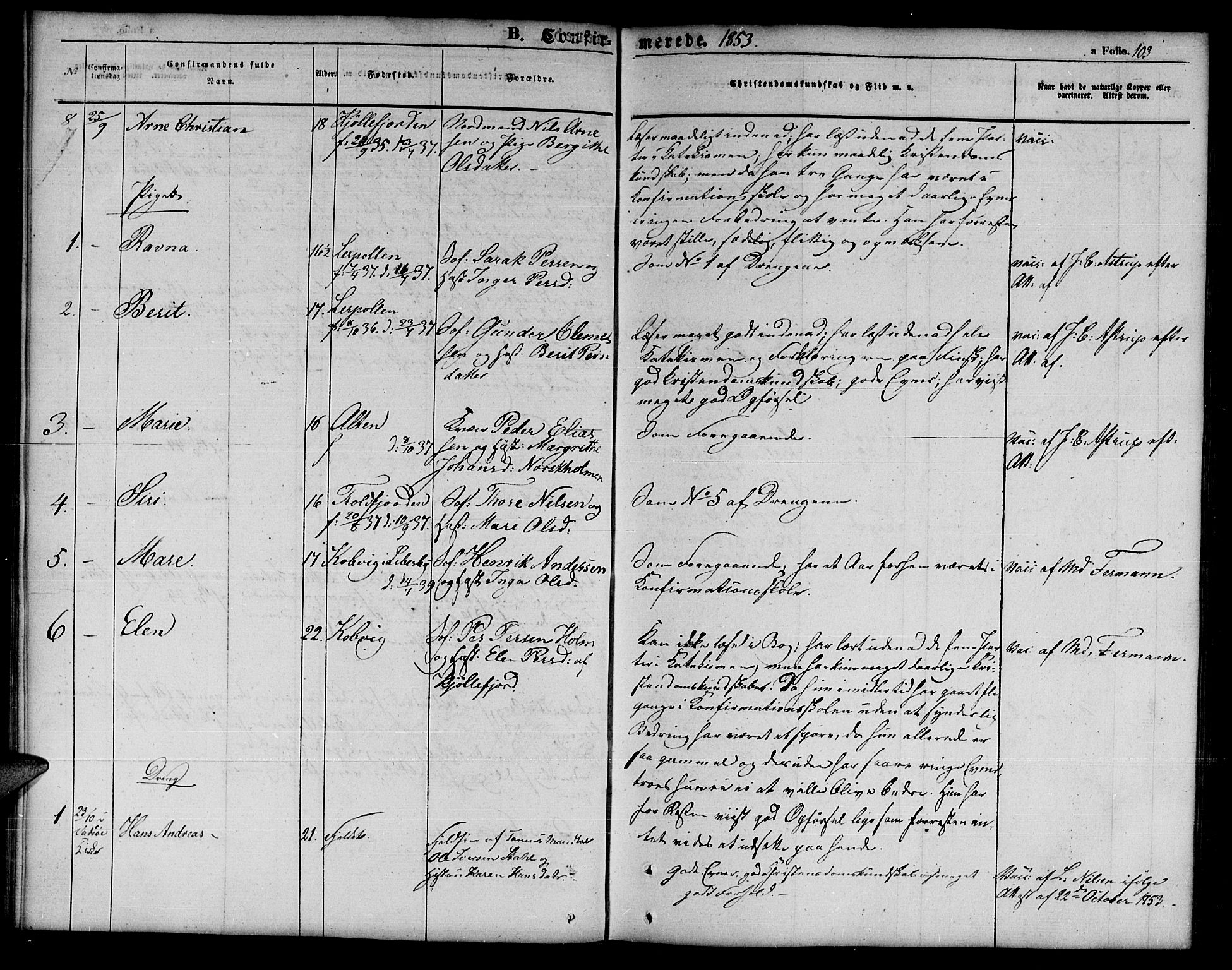 Tana sokneprestkontor, AV/SATØ-S-1334/H/Hb/L0001klokker: Parish register (copy) no. 1 /1, 1853-1867, p. 103