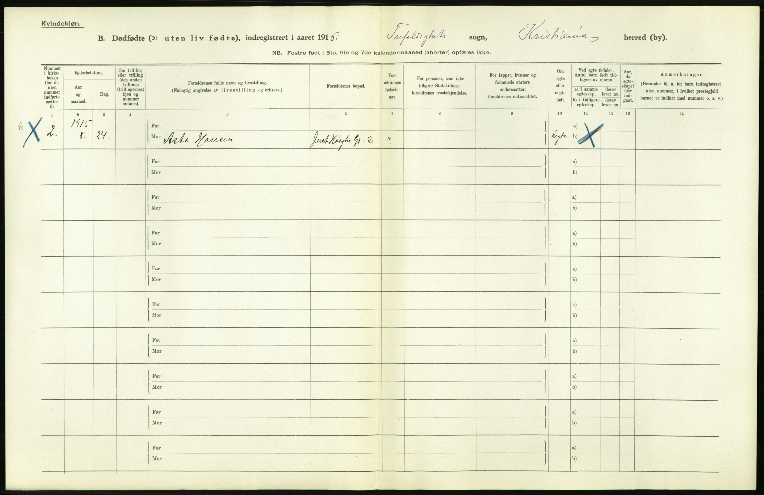 Statistisk sentralbyrå, Sosiodemografiske emner, Befolkning, RA/S-2228/D/Df/Dfb/Dfbe/L0010: Kristiania: Døde, dødfødte., 1915, p. 398