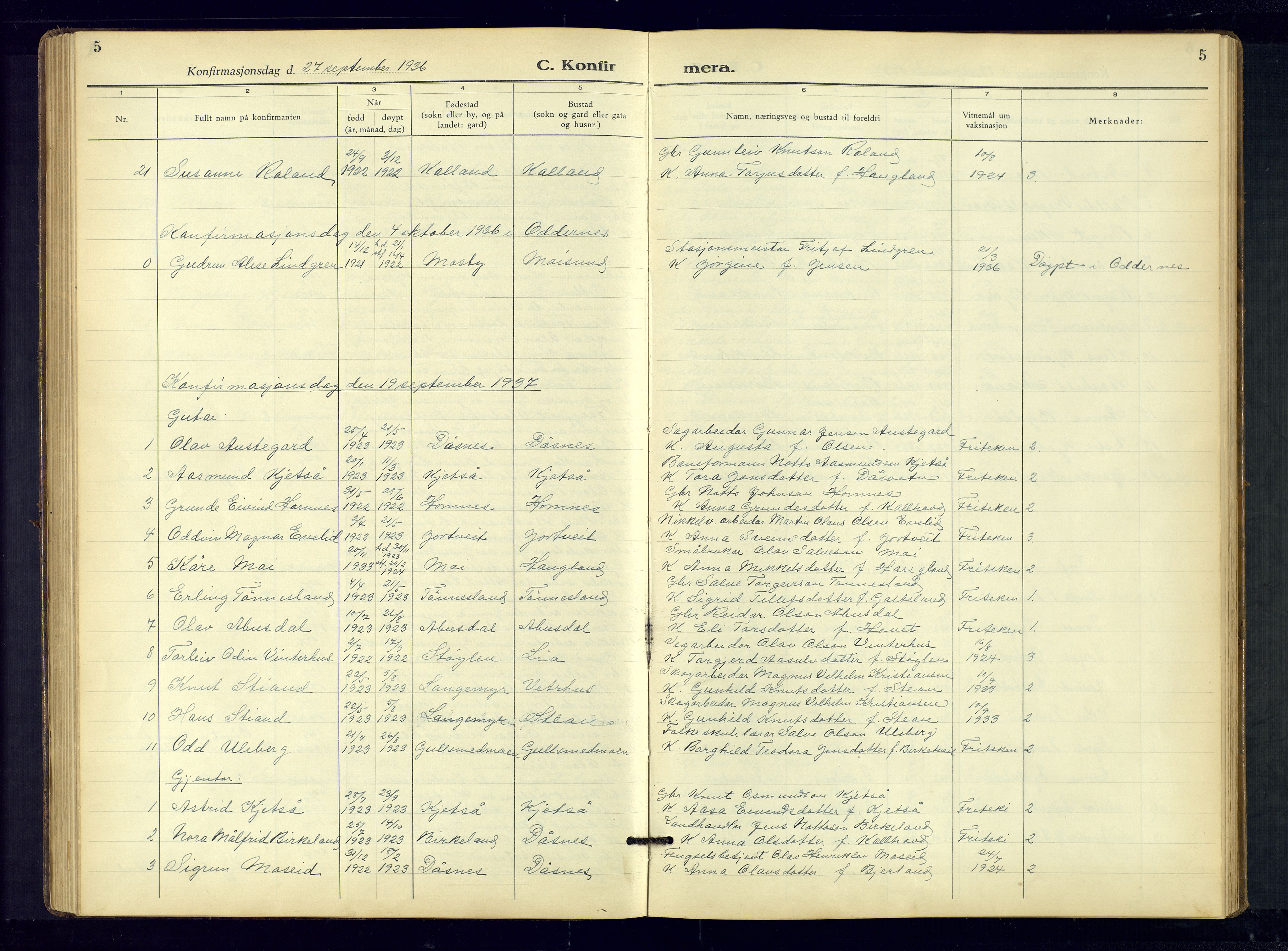 Evje sokneprestkontor, SAK/1111-0008/F/Fb/Fbb/L0004: Parish register (copy) no. B-4, 1934-1970, p. 5