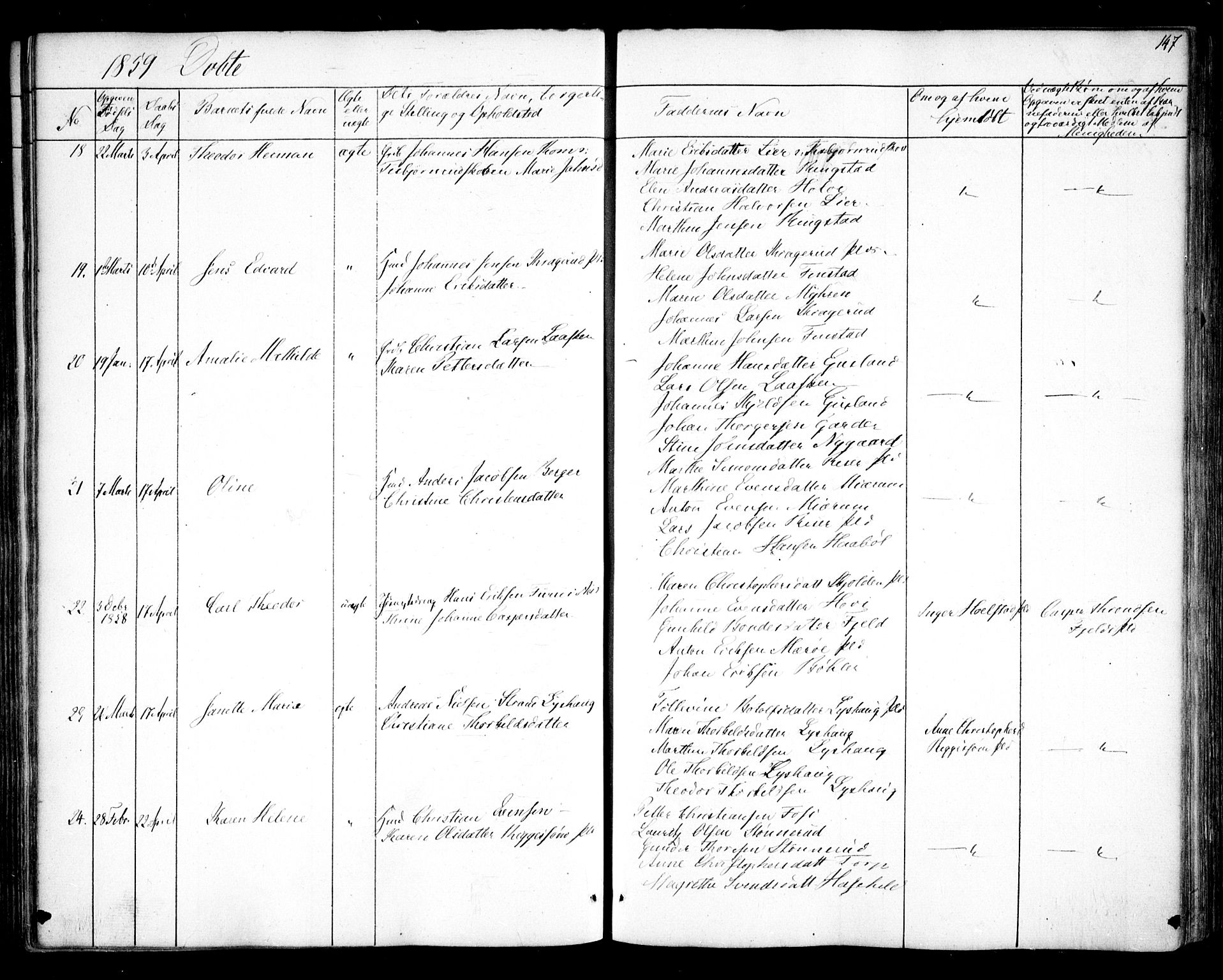 Hobøl prestekontor Kirkebøker, AV/SAO-A-2002/F/Fa/L0003: Parish register (official) no. I 3, 1842-1864, p. 147