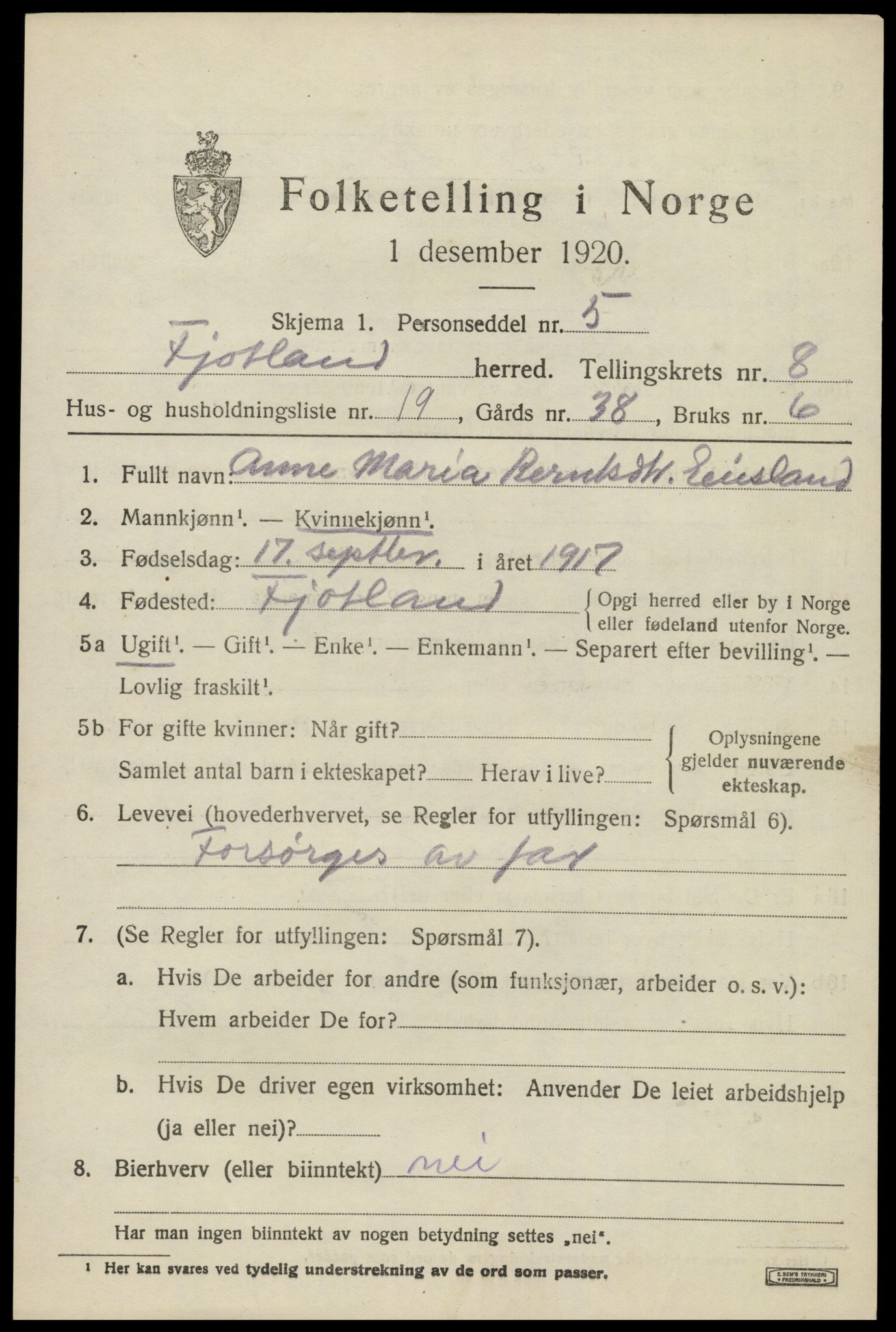 SAK, 1920 census for Fjotland, 1920, p. 2216