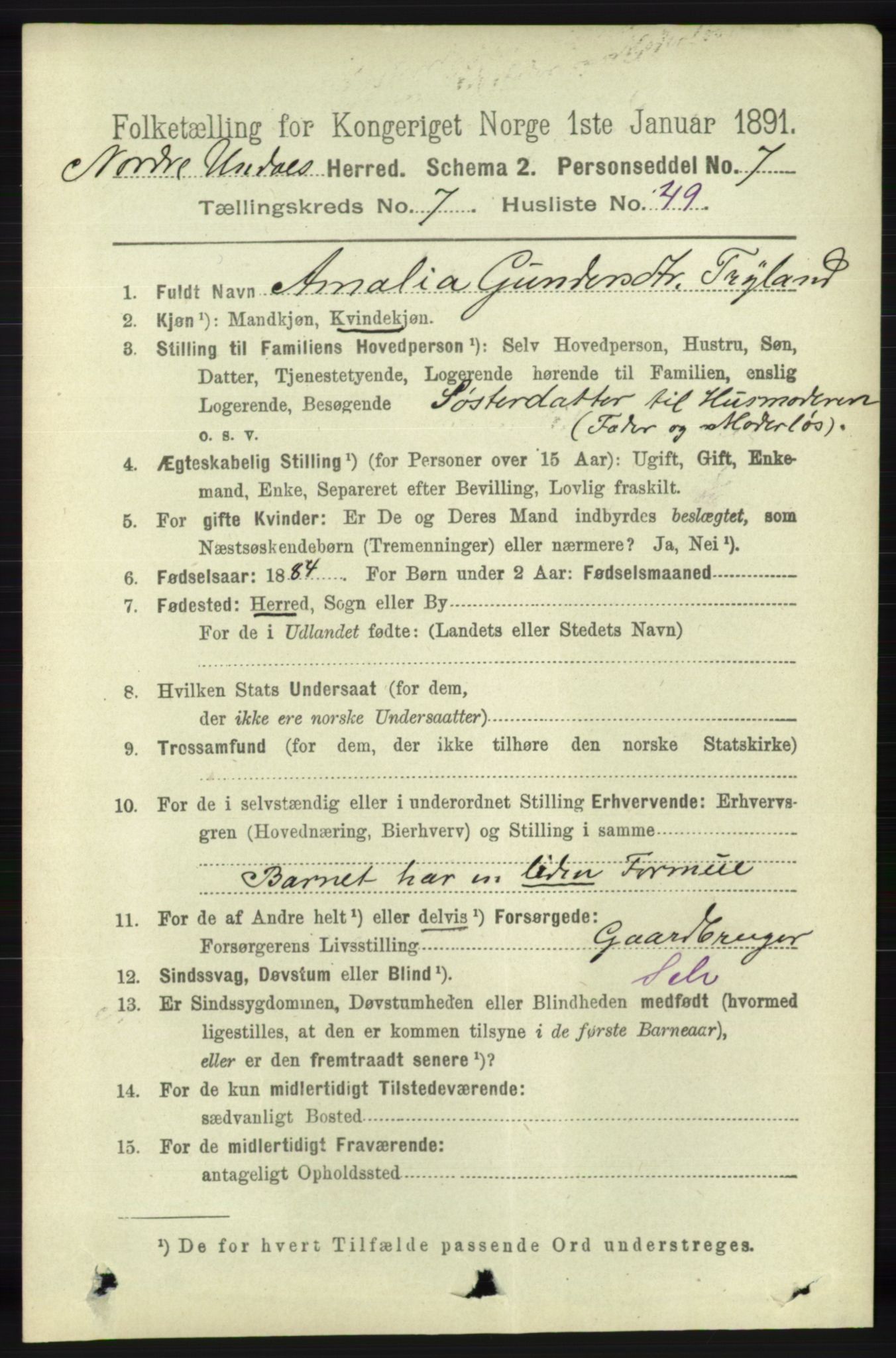 RA, 1891 census for 1028 Nord-Audnedal, 1891, p. 2069